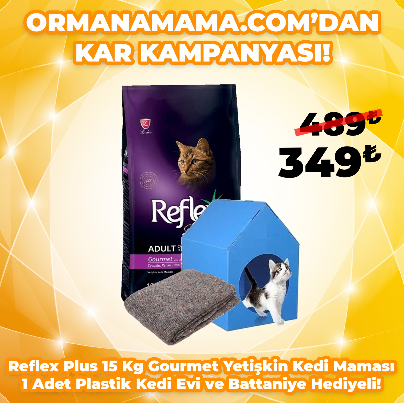 Reflex Plus Gourmet 15 kg Yetişkin Kedi Maması Kedi Evi ve Battanye Hediyeli!