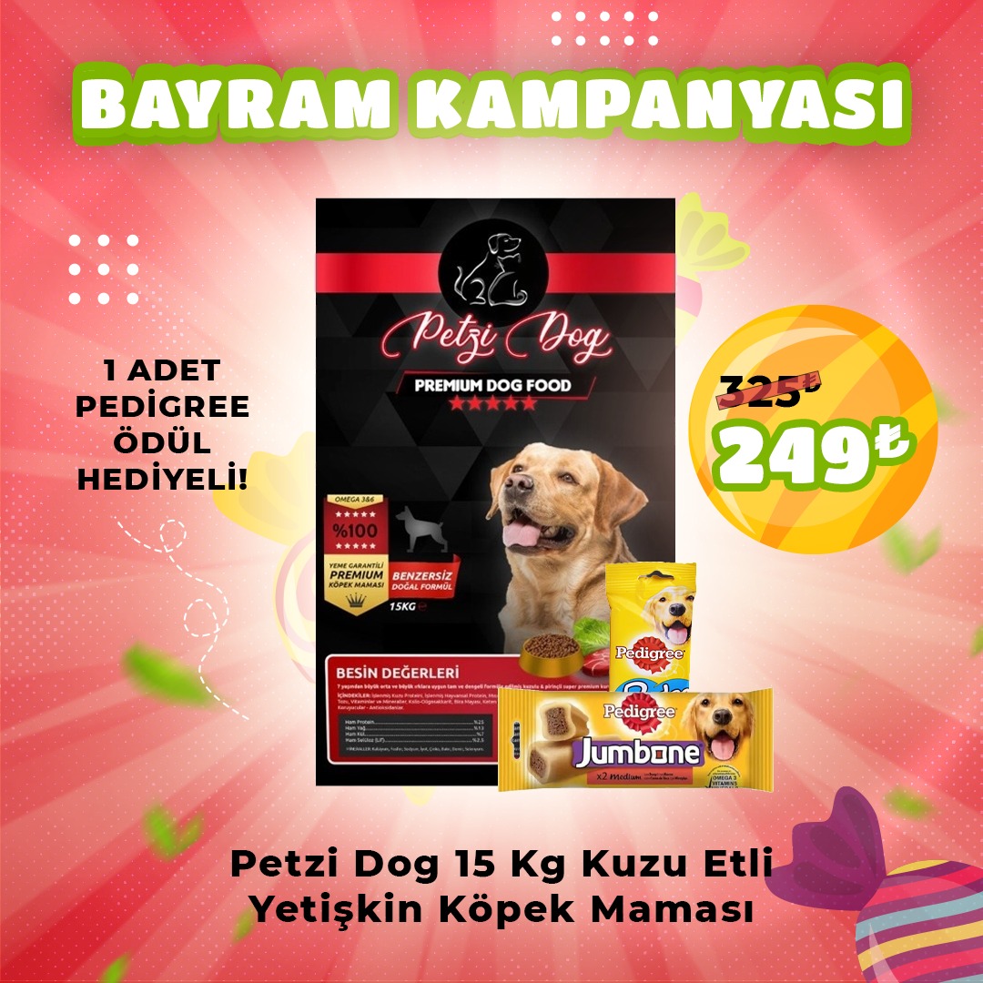 Petzi Dog Kuzu Etli 15 Kg Yetişkin Köpek Maması + 1 Adet Pedigree Ödül Maması Hediye