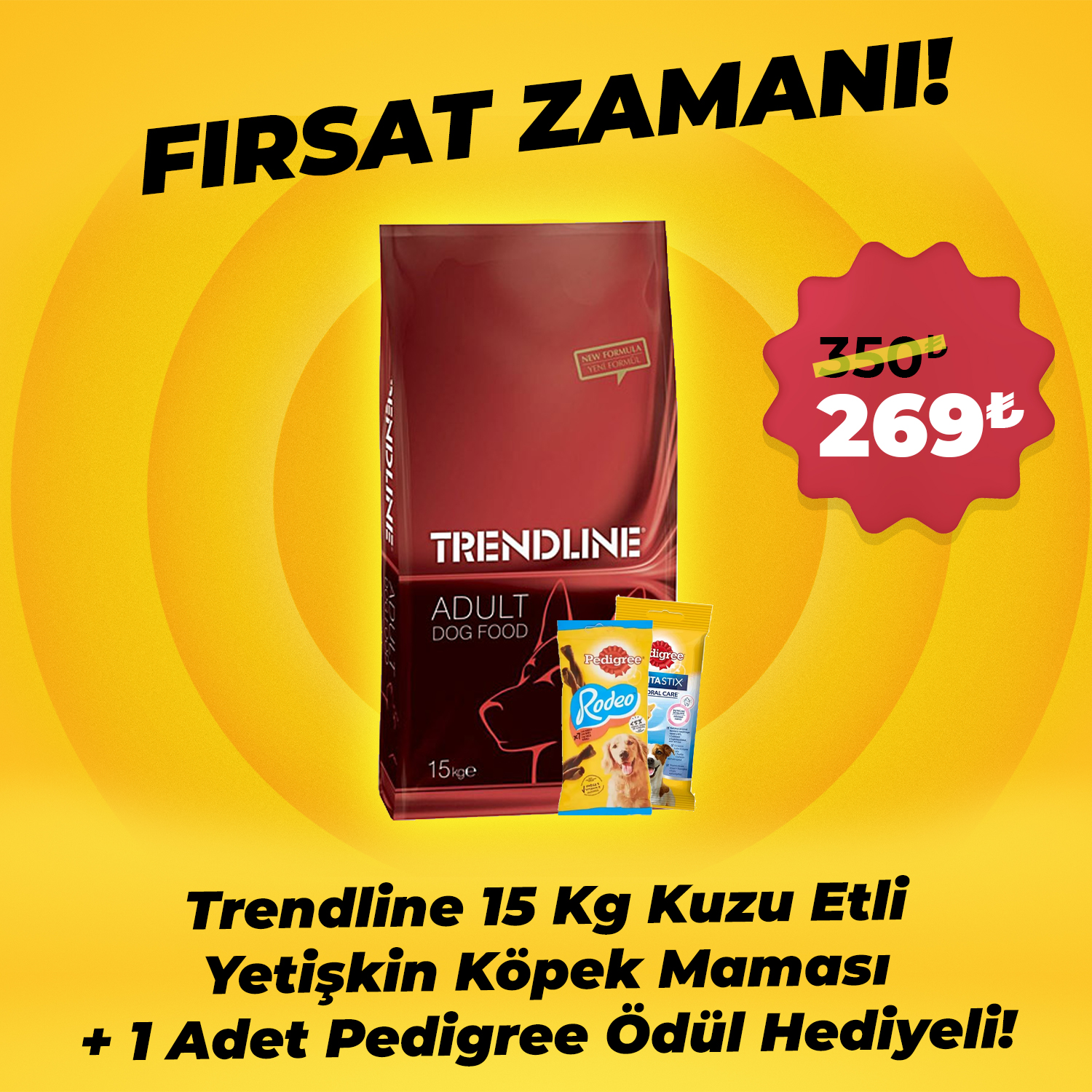 Trendline 15 Kg Kuzu Etli Yetişkin Köpek Maması + 1 Adet Pedigree Ödül Hediyeli