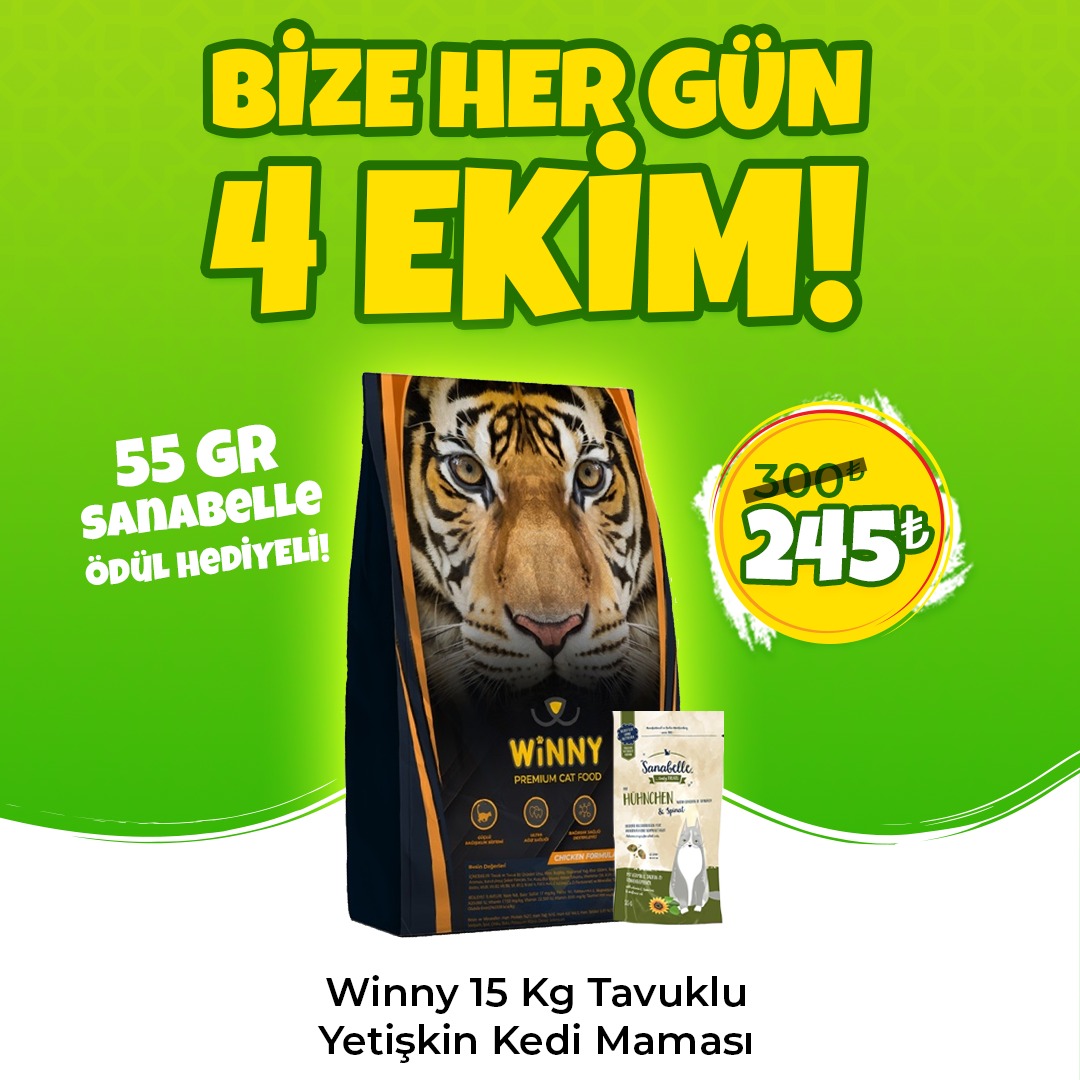 Winny Premium 15 Kg Tavuklu Yetişkin Kedi Maması + 1 Adet Sanabelle 55 gr Ödül Hediye