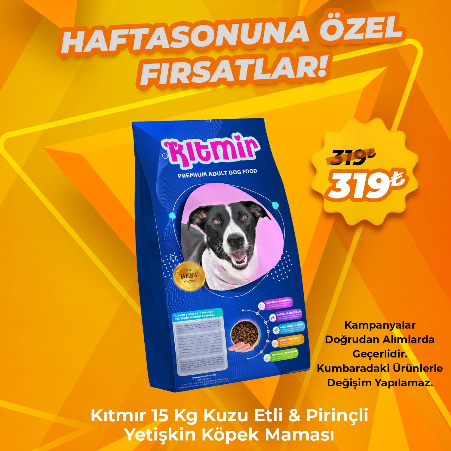 Kıtmir 15 Kg Kuzu Etli Pirinçli Premium Yetişkin Köpek Maması