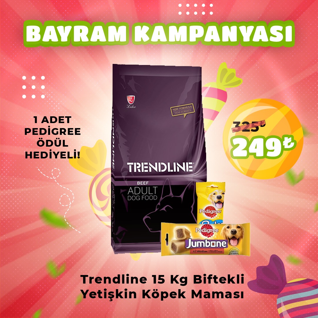 Trendline 15 Kg Biftekli Yetişkin Köpek Maması + 1 Adet Pedigree Ödül Hediyeli