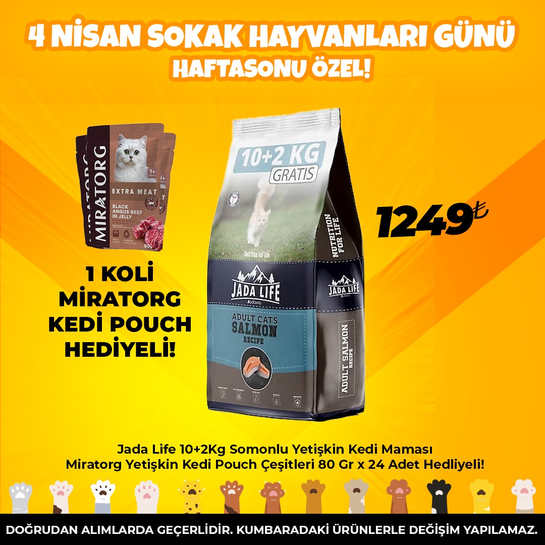 Jada Life 10+2Kg Somonlu Yetişkin Kedi Maması Miratorg Yetişkin Kedi Pouch Çeşitleri 80 Gr x 24 Adet Hedliyeli!