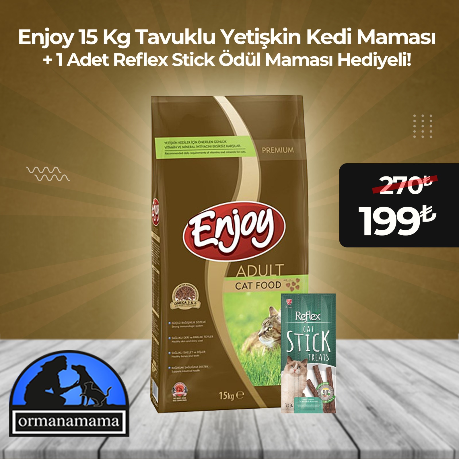 Enjoy 15 Kg Tavuklu Yetişkin Kedi Maması + 1 Adet Reflex Stick Ödül Maması Hediyeli