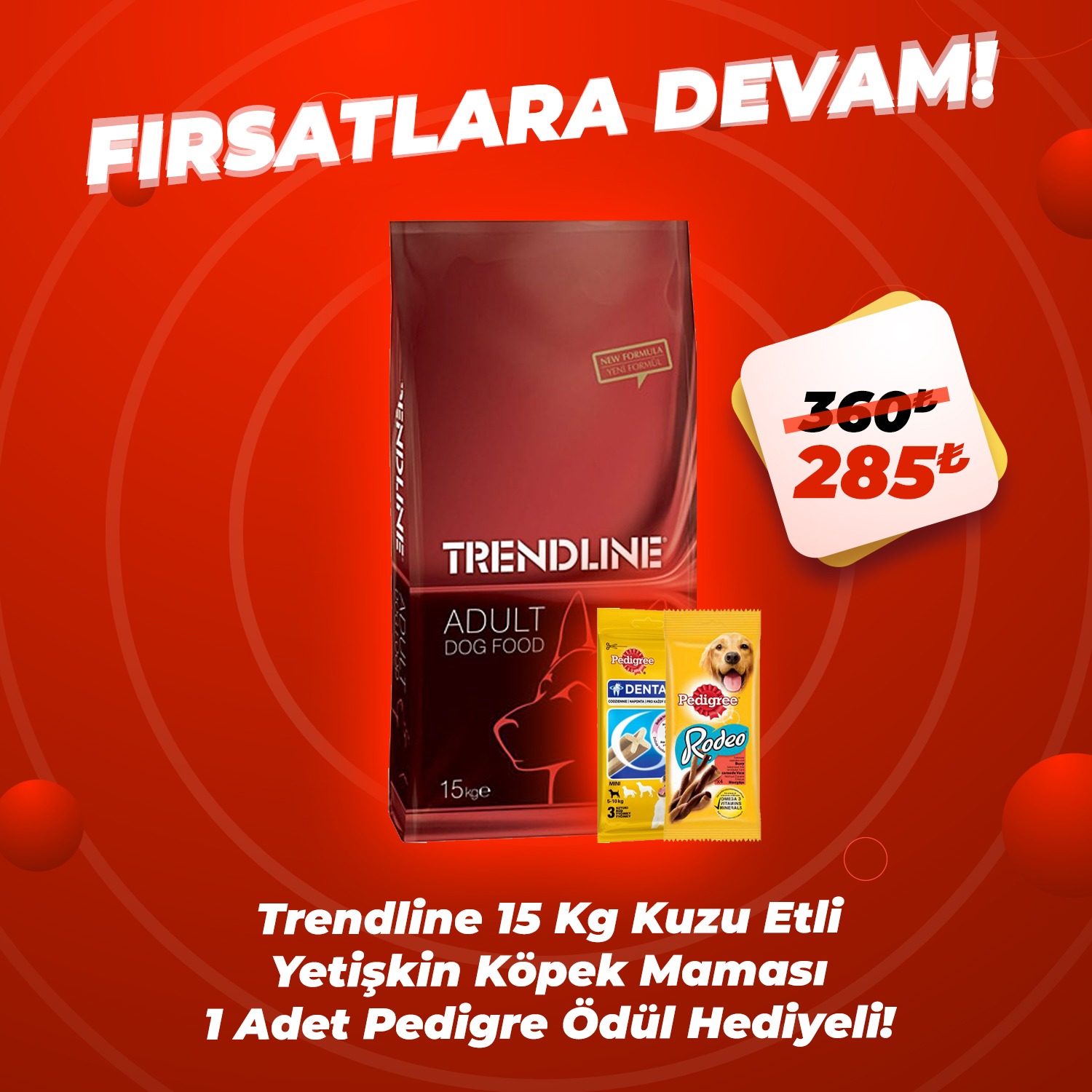 Trendline Kuzu Etli Yetişkin Köpek Maması 15 Kg + 1 Adet Pedigree Ödül Maması Hediye