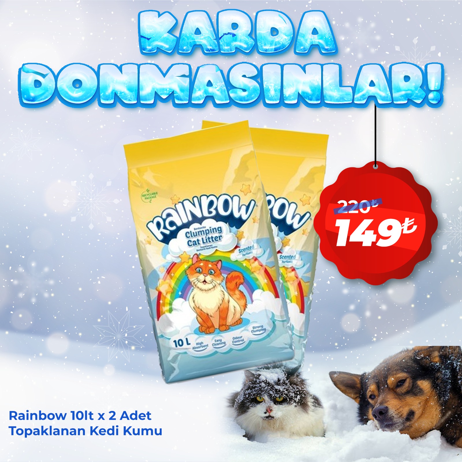 Rainbow 10 lt x 2 Paket Topaklanan Bentonit Kedi Kumu