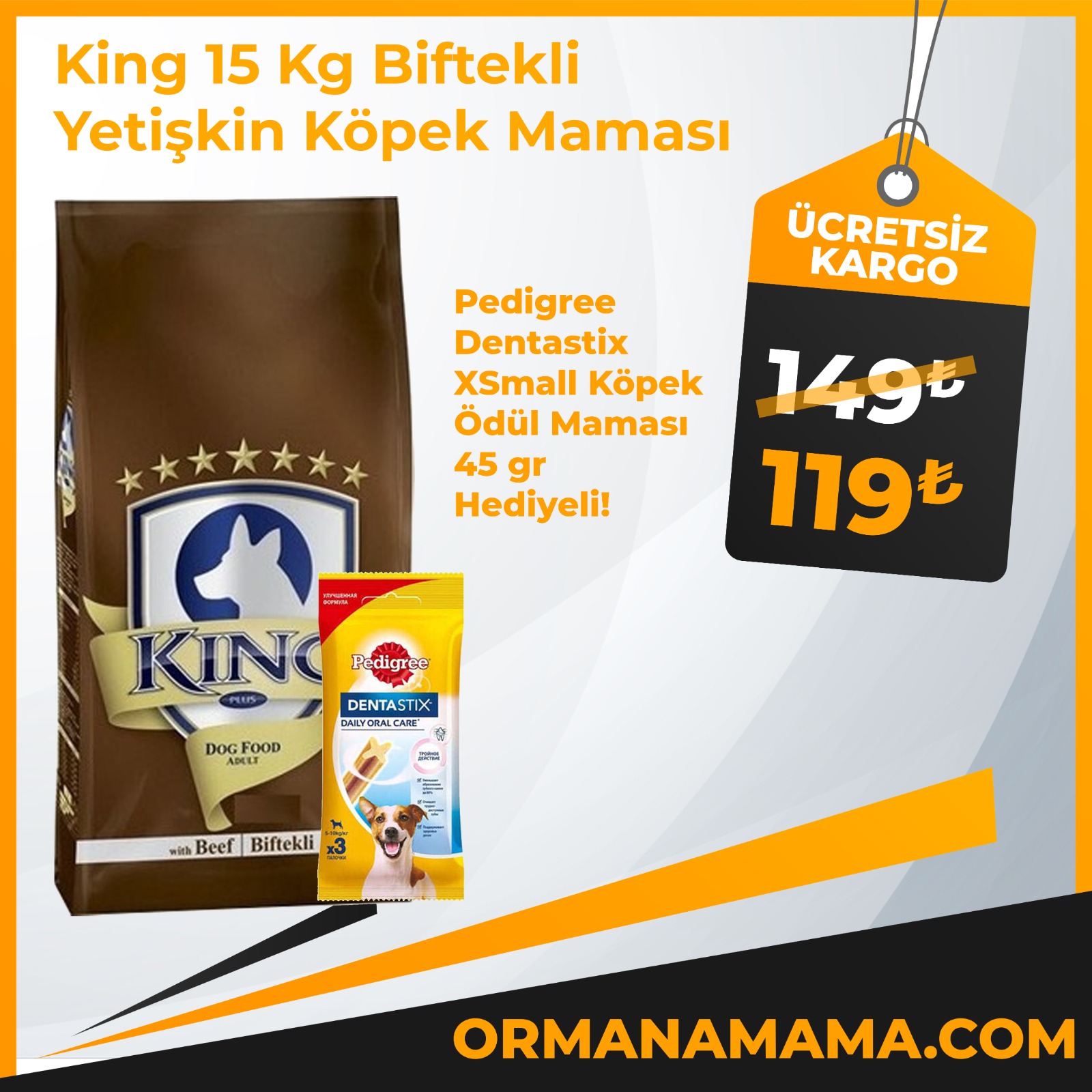 King 15 Kg Biftekli Yetişkin Köpek Maması + Pedigree Dentastix Ödül Maması Hediyeli