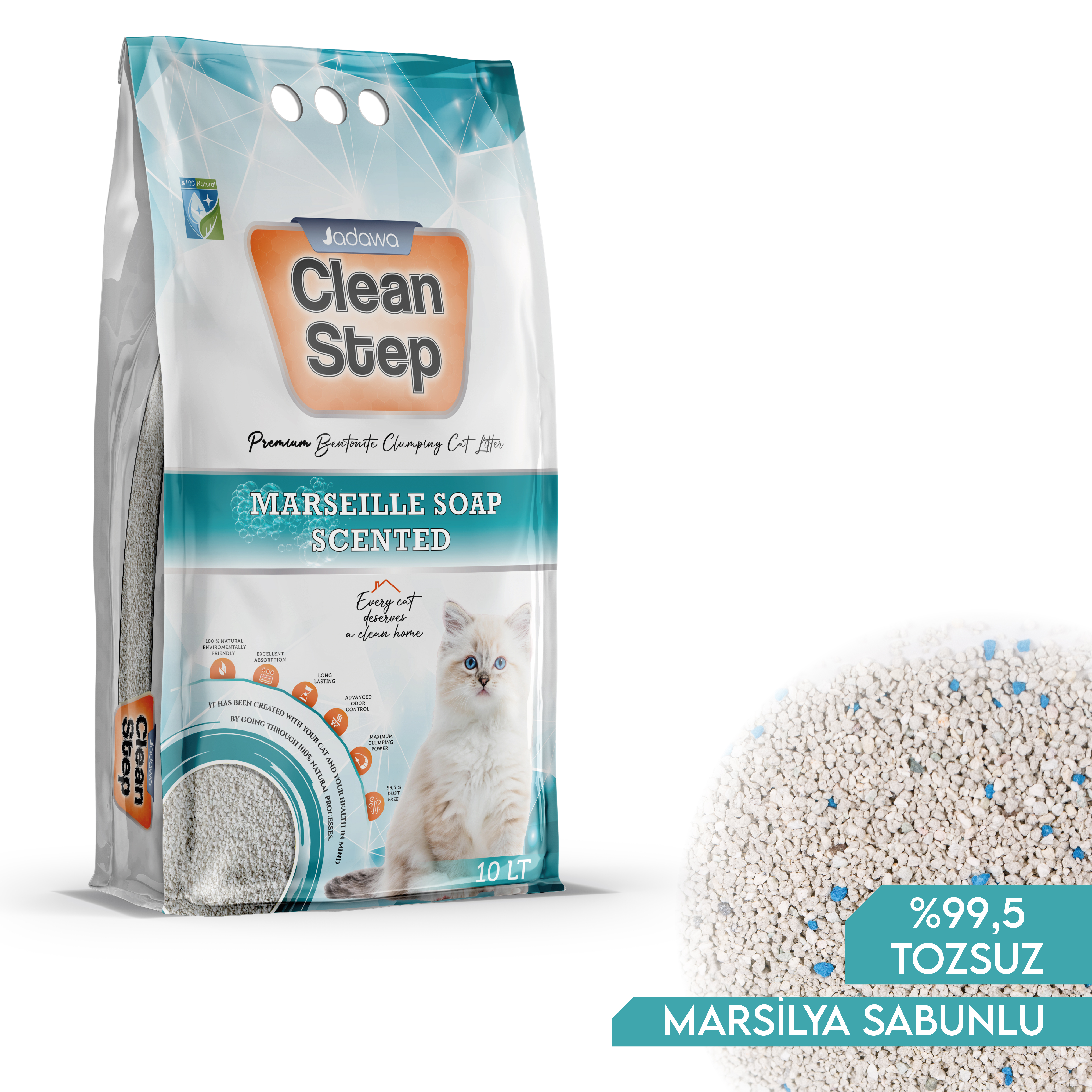 Clean Step Marsilya Sabun Kokulu Topaklanan İnce Tane Bentonit Kedi Kumu 10 LT