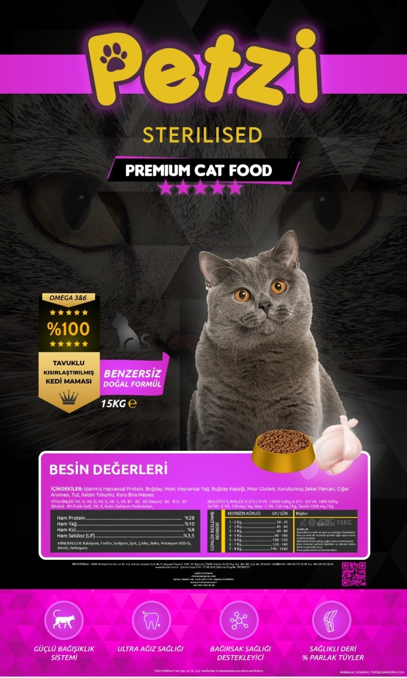 Petzi Cat Premium Tavuklu Kısırlaştırılmış Kedi Maması 15 Kg