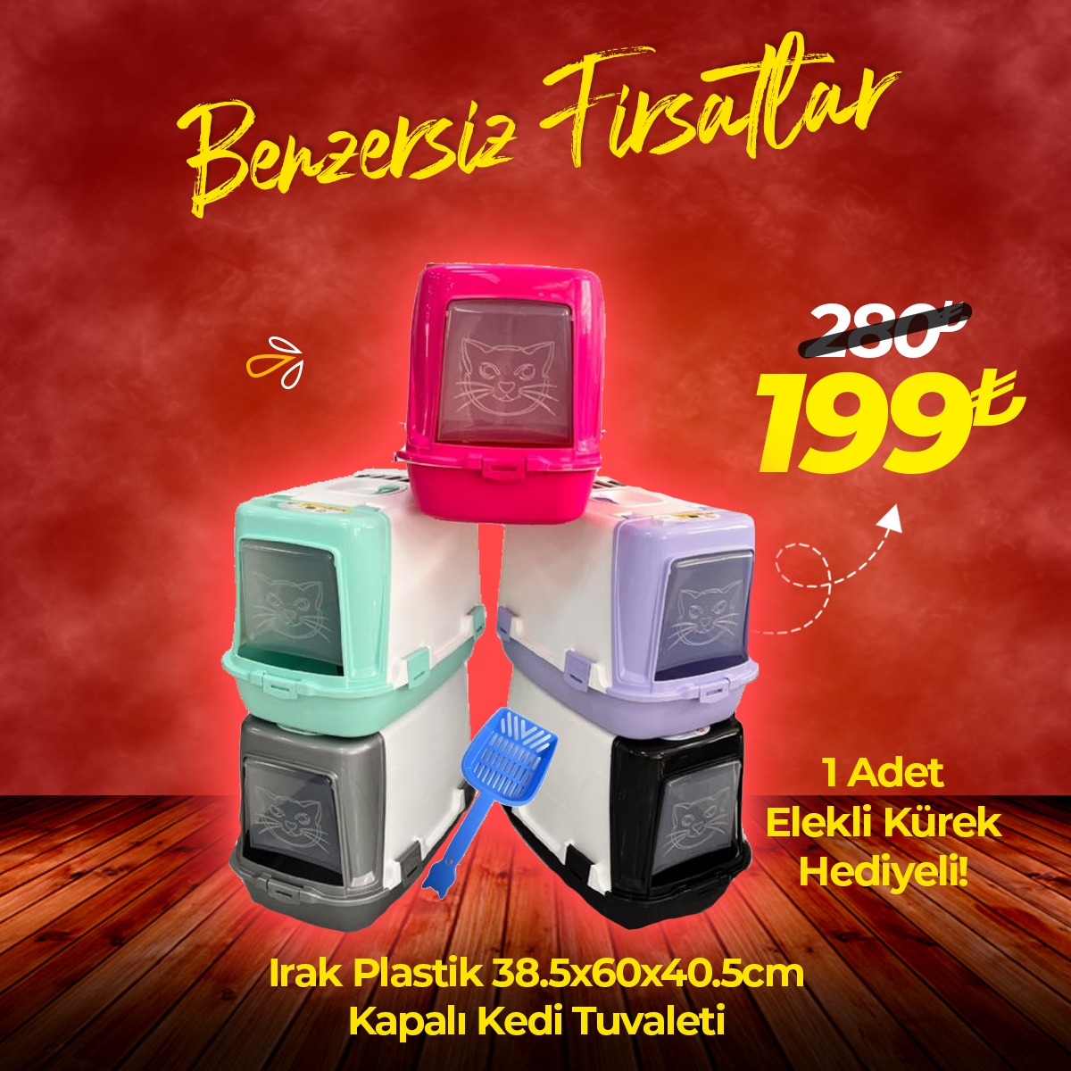 Irak Plastik Plastart Önü Açılabilen Kapalı Kedi Tuvaleti Kürekli 38,5x60x40,5 cm