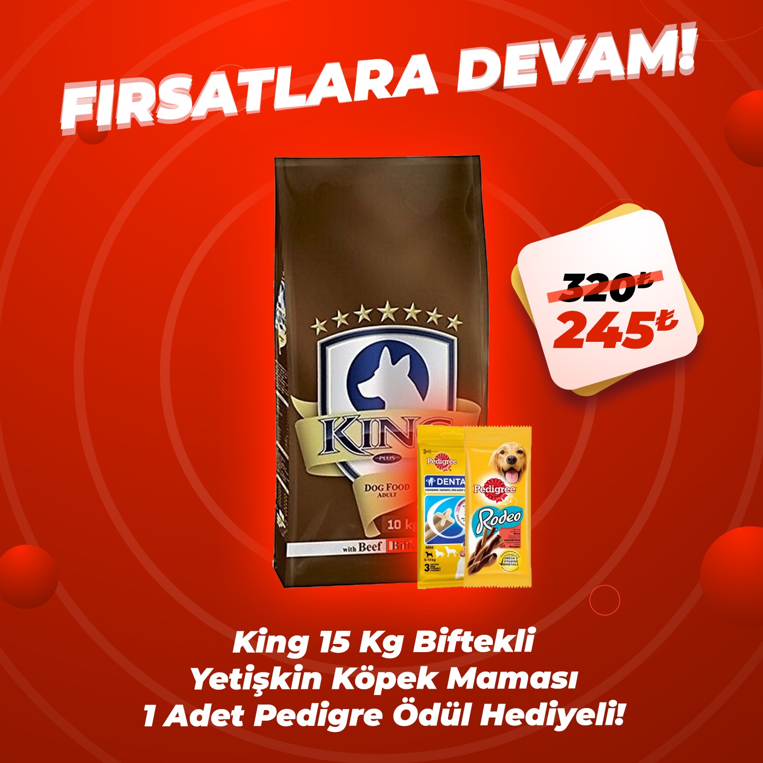 King Biftekli Yetişkin Köpek Maması 15 Kg + 1 Adet Pedigree Ödül Maması Hediyeli
