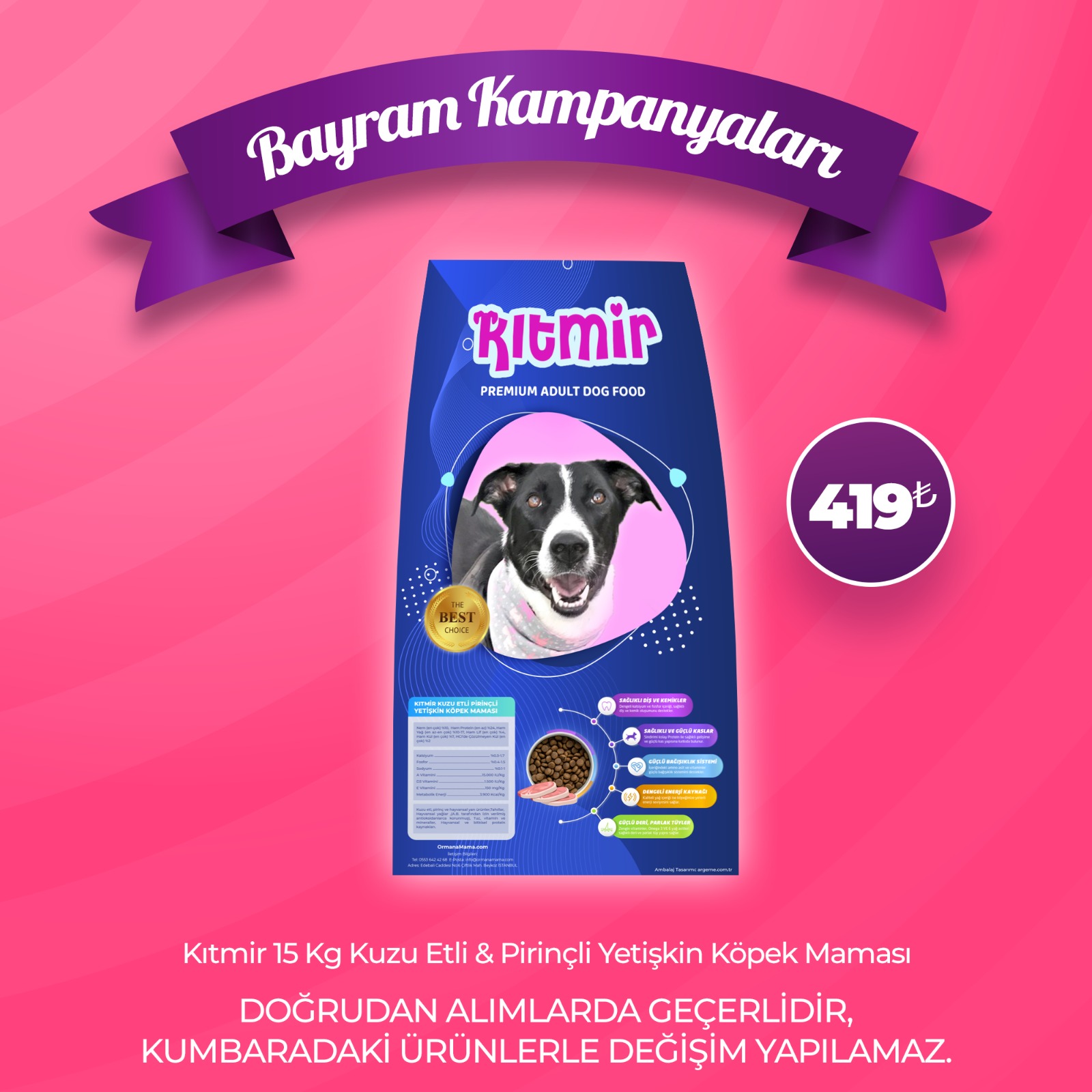 Kıtmir 15 Kg Kuzu Etli ve Pirinçli Yetişkin Köpek Maması