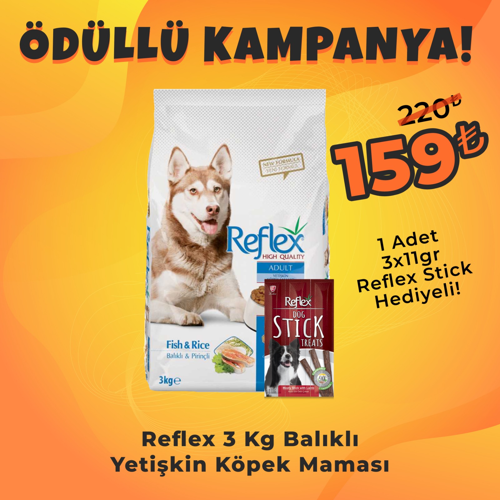 Reflex 3 Kg Somonlu pirinçli Yetişkin Köpek Maması + Reflex Köpek Stick Ödül Hediyeli 3x11 Gr