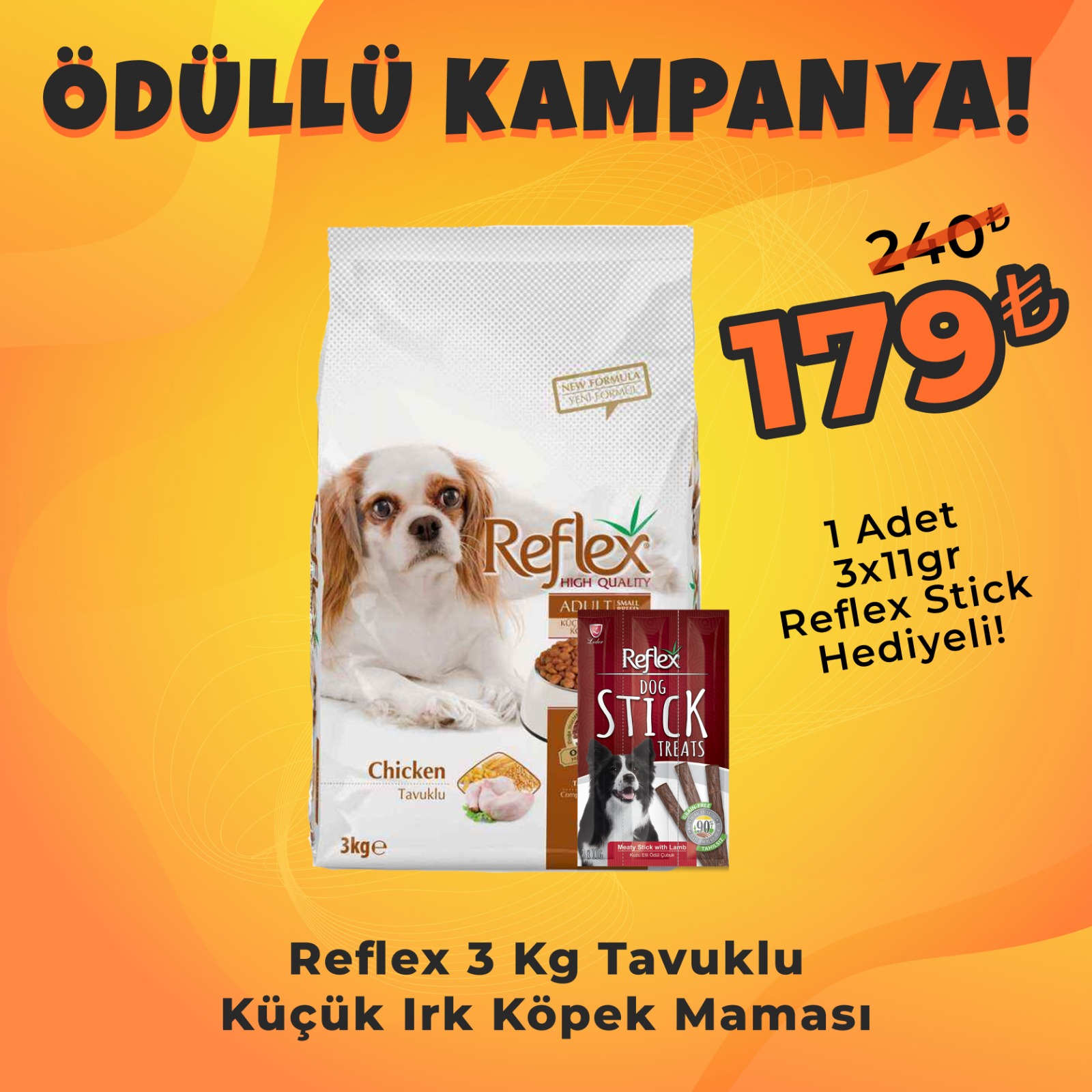 Reflex Küçük Irk Tavuklu ve Pirinçli Yetişkin Köpek Maması 3kg + Reflex Köpek Stick Ödül Hediyeli 3x11 Gr