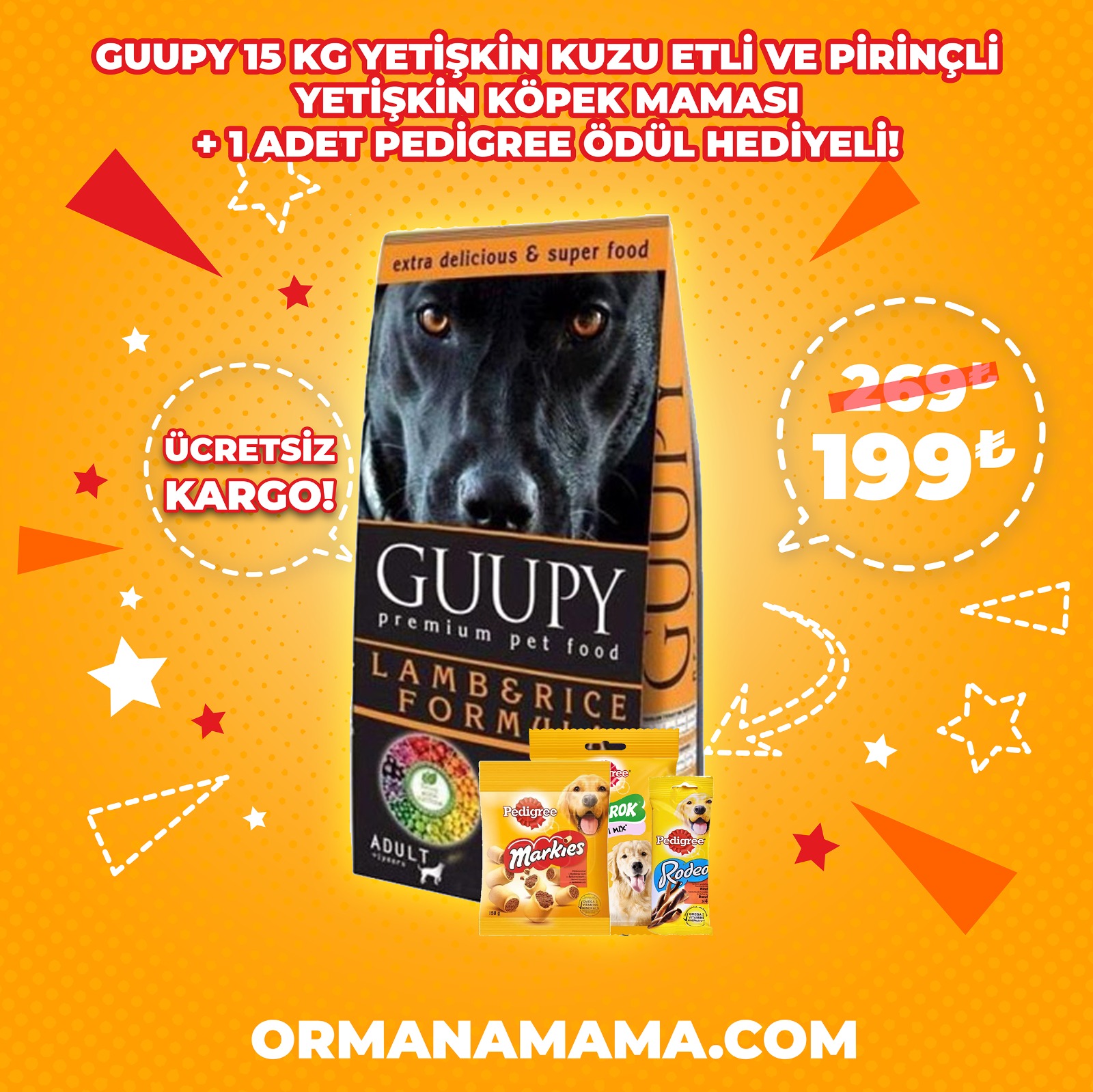 Guupy 15 Kg Kuzu Etli Yetişkin Köpek Maması 1 Adet Pedigree Ödül Maması Hediyeli!