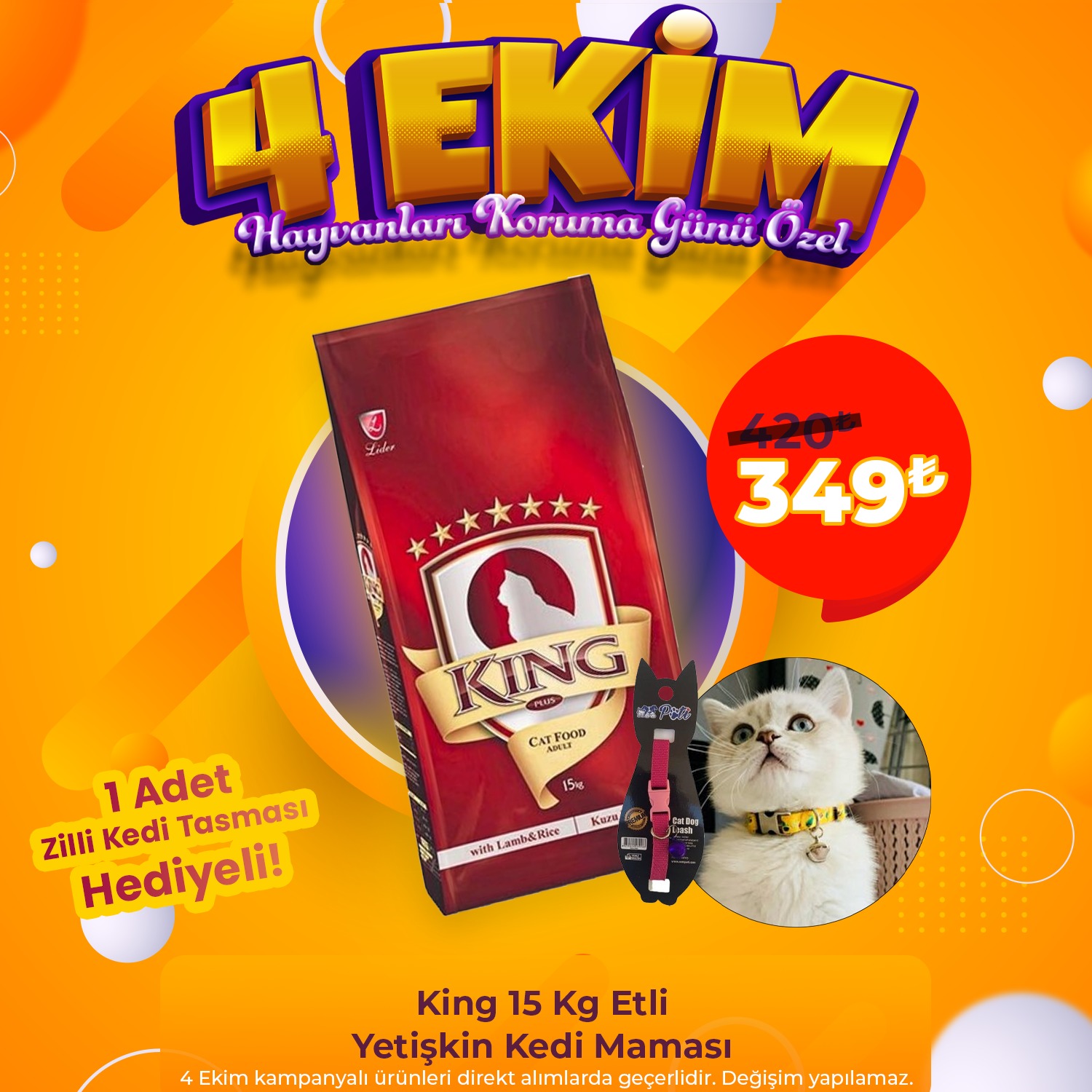 King Etli Yetişkin Kedi Maması 15 Kg + 1 Adet Zilli Kedi Tasması Hediyeli