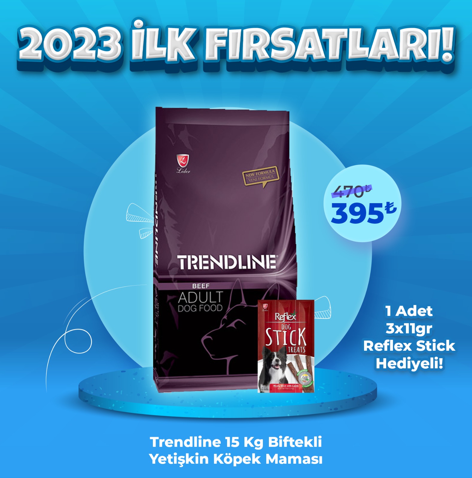 Trendline Biftekli Yetişkin Köpek Maması 15 Kg + 1 Adet Reflex 3x11 gr Stick Ödül Maması Hediye