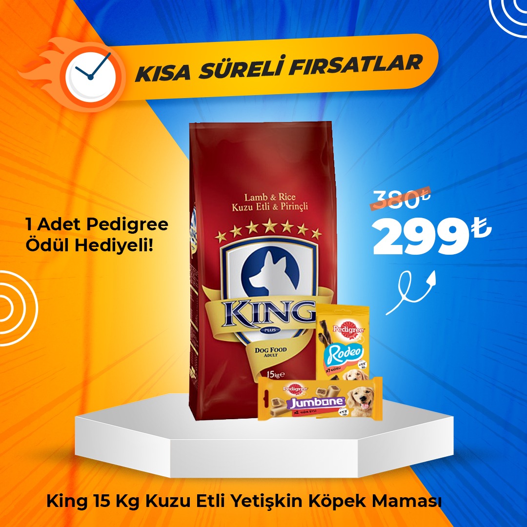 King Kuzu Etli Pirinçli Yetişkin Köpek Maması 15 Kg + 1 Adet Pedigree Ödül Maması Hediye