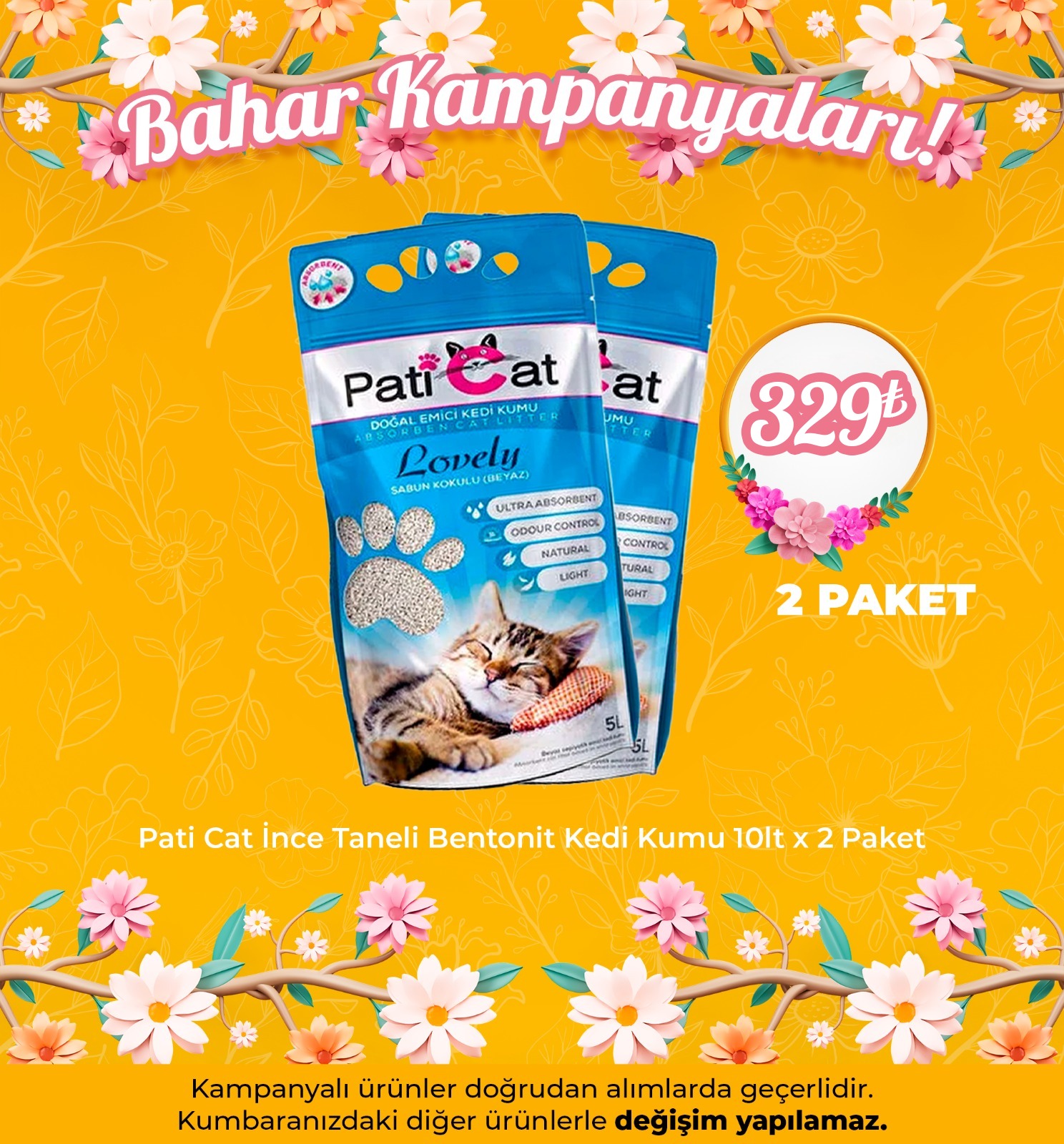 PatiCat İnce Taneli Bentonit Kedi Kumu 10lt x 2 Paket