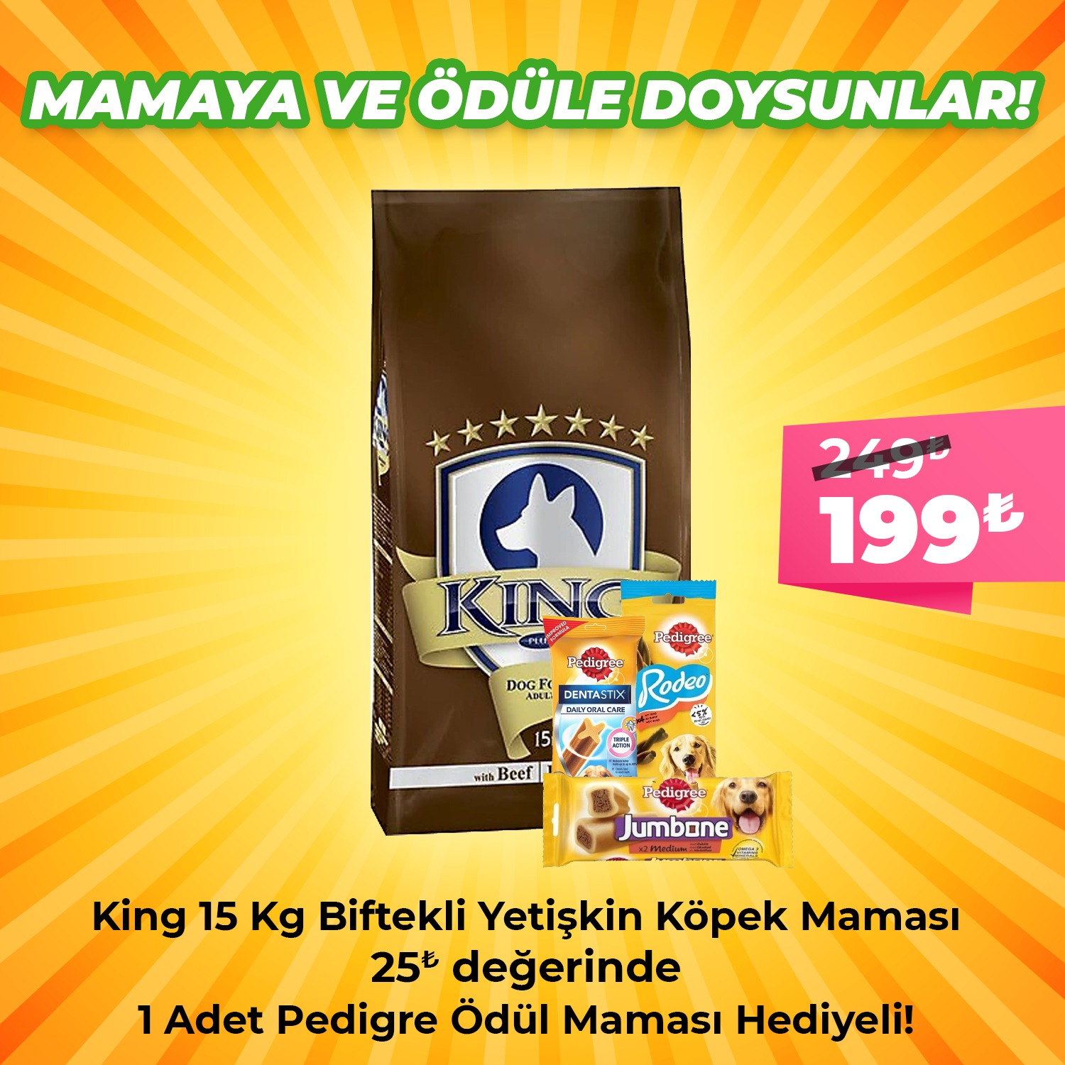 King Yetişkin Biftek Köpek Maması 15 Kg + 1 Adet Pedigree Ödül Maması Hediyeli