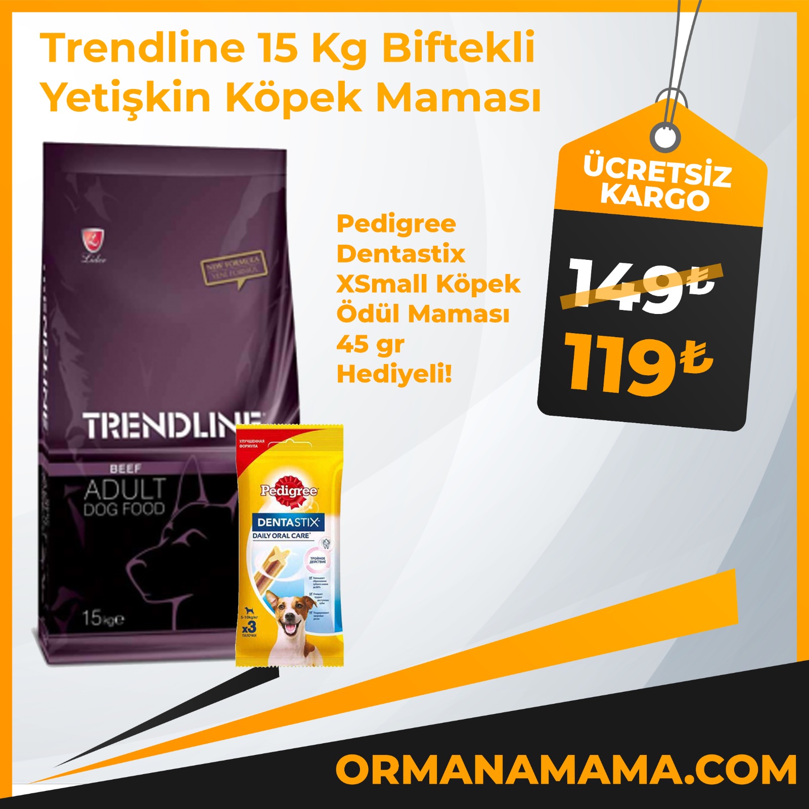 Trendline 15 Kg Biftekli Yetişkin Köpek Maması + Pedigree Dentastix Ödül Maması Hediyeli