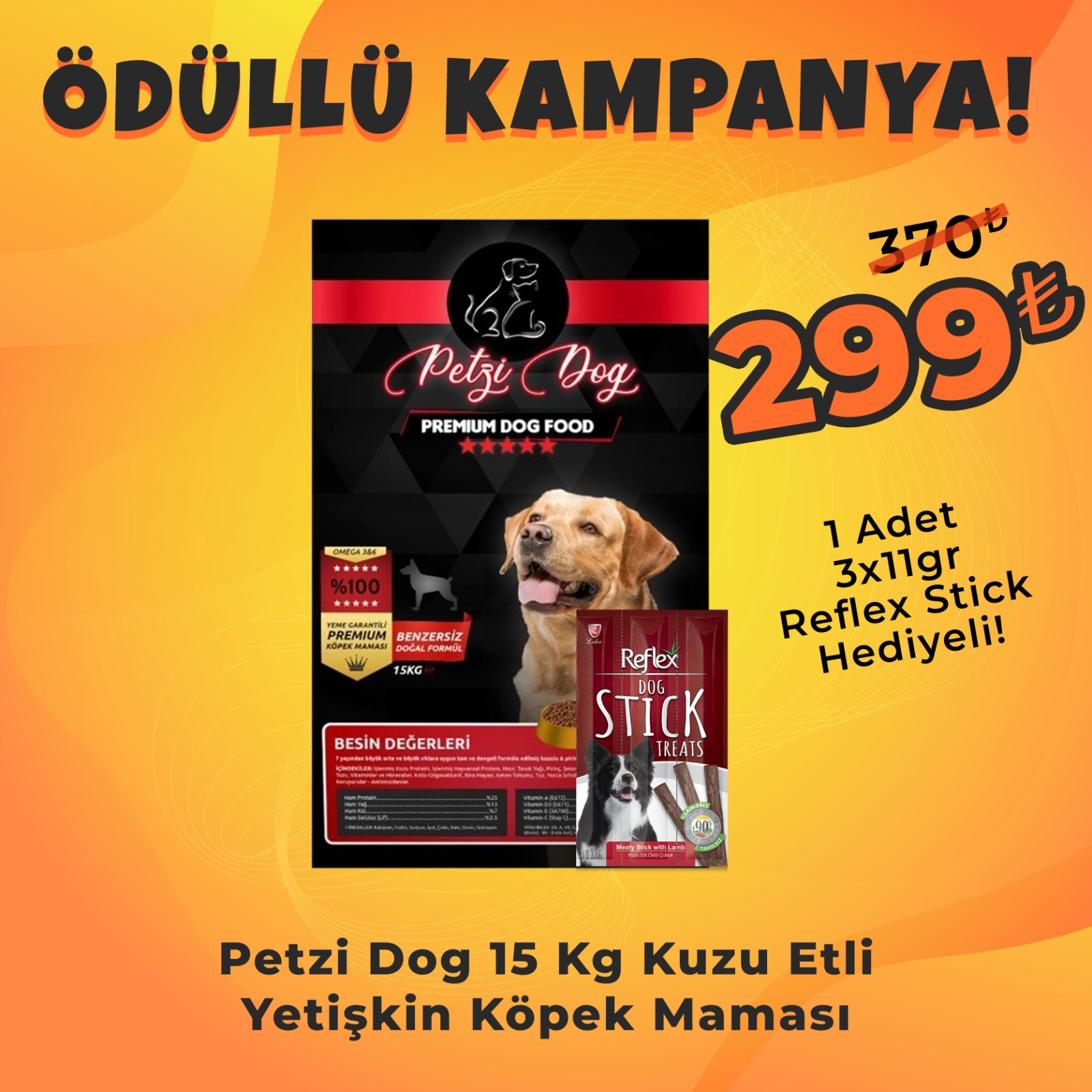 Petzi Dog Kuzu Etli 15 Kg Yetişkin Köpek Maması + Reflex Köpek Stick Ödül Hediyeli 3x11 Gr