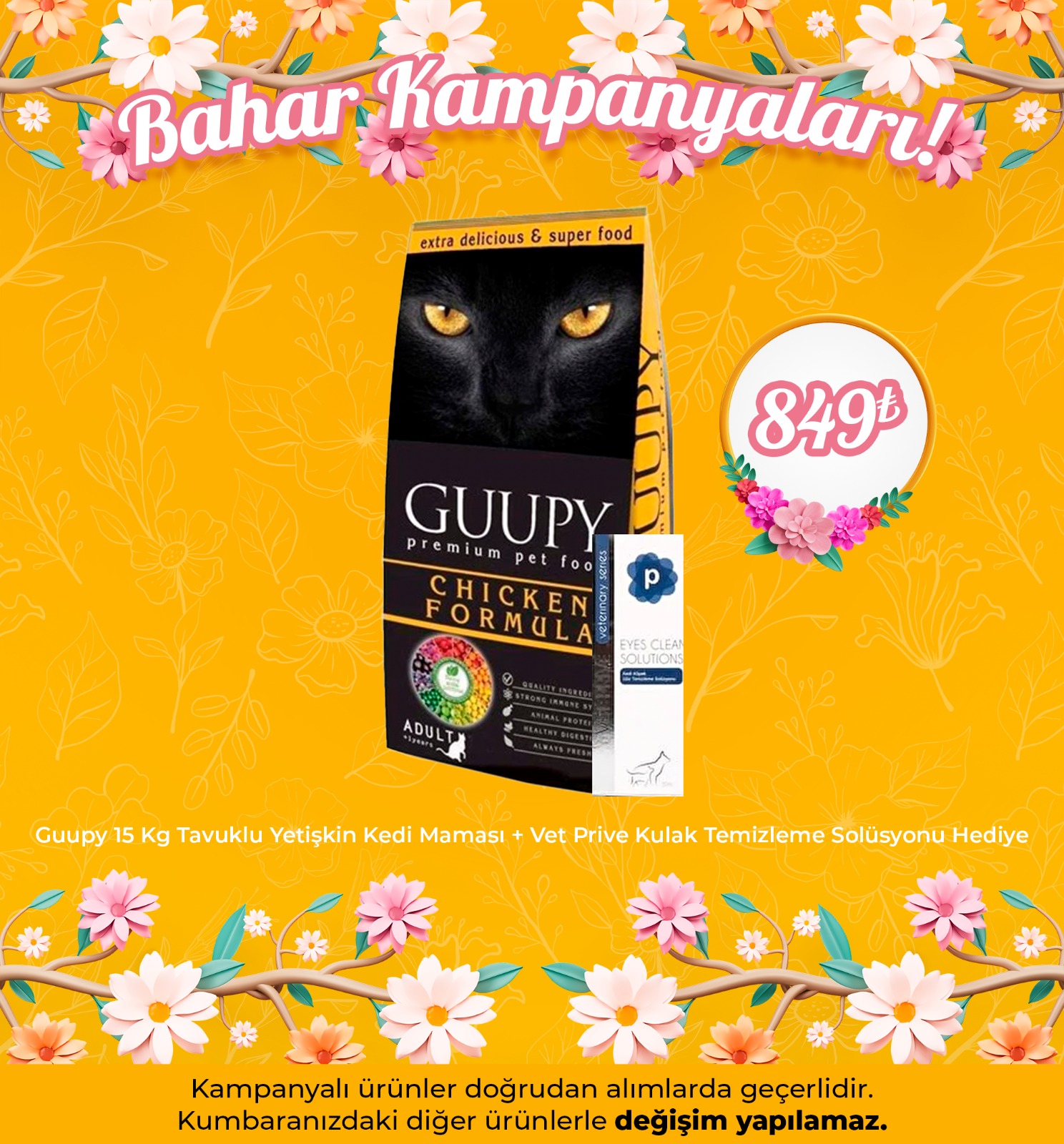 Guupy Tavuklu Yetişkin Kedi Maması 15 kg + Vet Prive Kulak Temizleme Solüsyonu Hediye