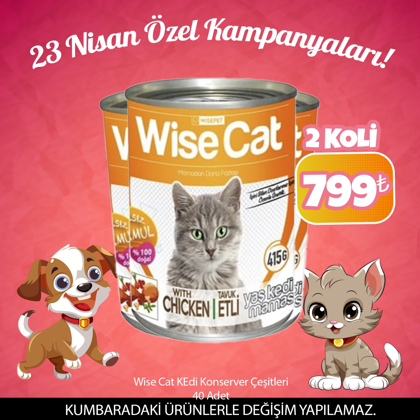 Wise Cat Kedi Konserve Çeşitleri 415gr x 40 Adet ( 23 Nisan Özel )