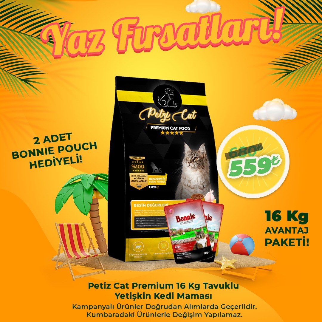Petzi 16 Kg Tavuklu Yetişkin Kedi Maması ( Avantaj Paketi ) + 2 Adet Bonnie Pouch Hediyeli!