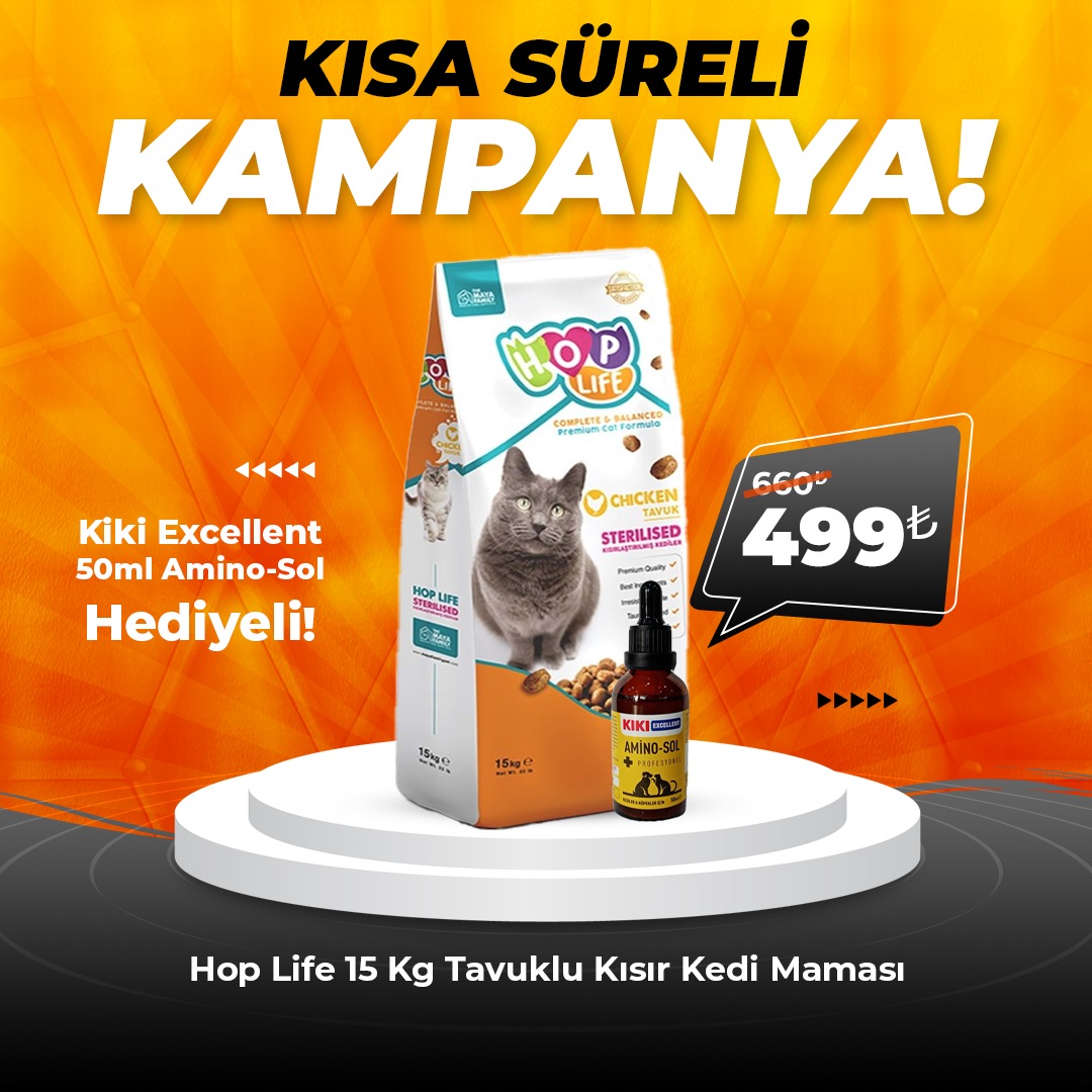 Hop Life Tavuklu Kısırlaştırılmış Kedi Maması 15 Kg + KIKI Excellent Kedi & Köpek Amino-Sol Şurup 50 ml. Hediye