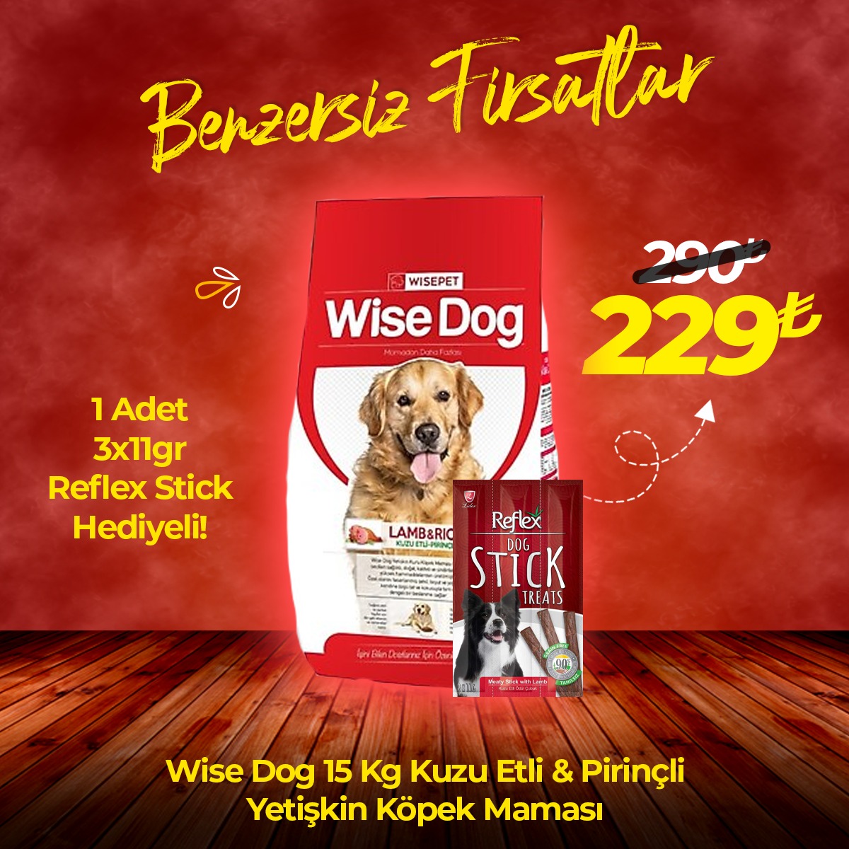 Wise Dog 15 Kg Kuzu Etli Pirinçli Yetişkin Köpek Maması + 1 Adet Reflex Stick Ödül Hediyeli