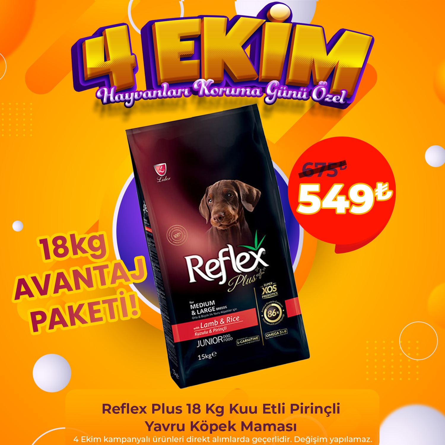 Reflex Plus Kuzu Etli Pirinçli Junior Köpek Maması 15+3 Kg Avantaj Paketi