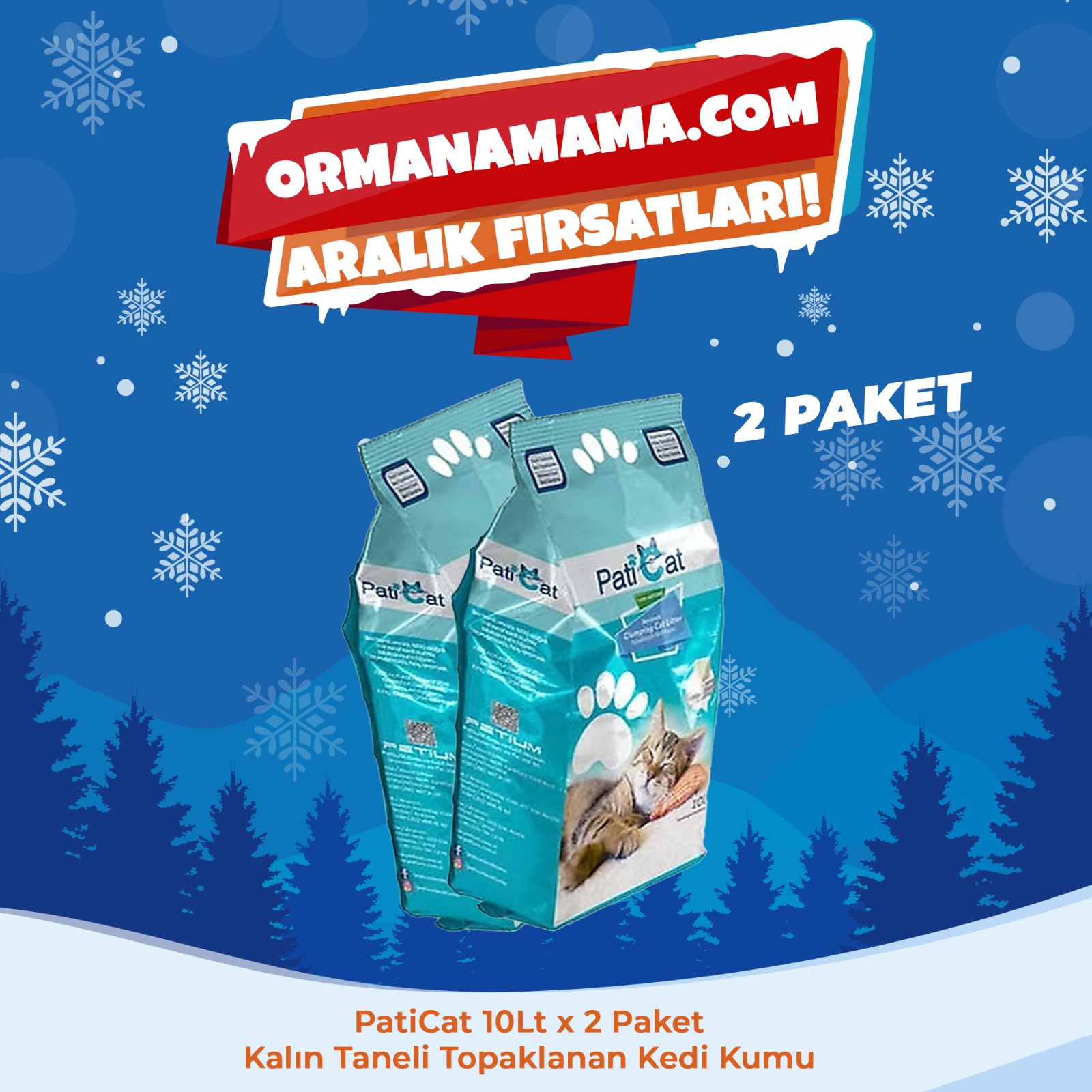 PatiCat 10Lt x 2 Paket Kalın Taneli Topaklanan Kedi Kumu