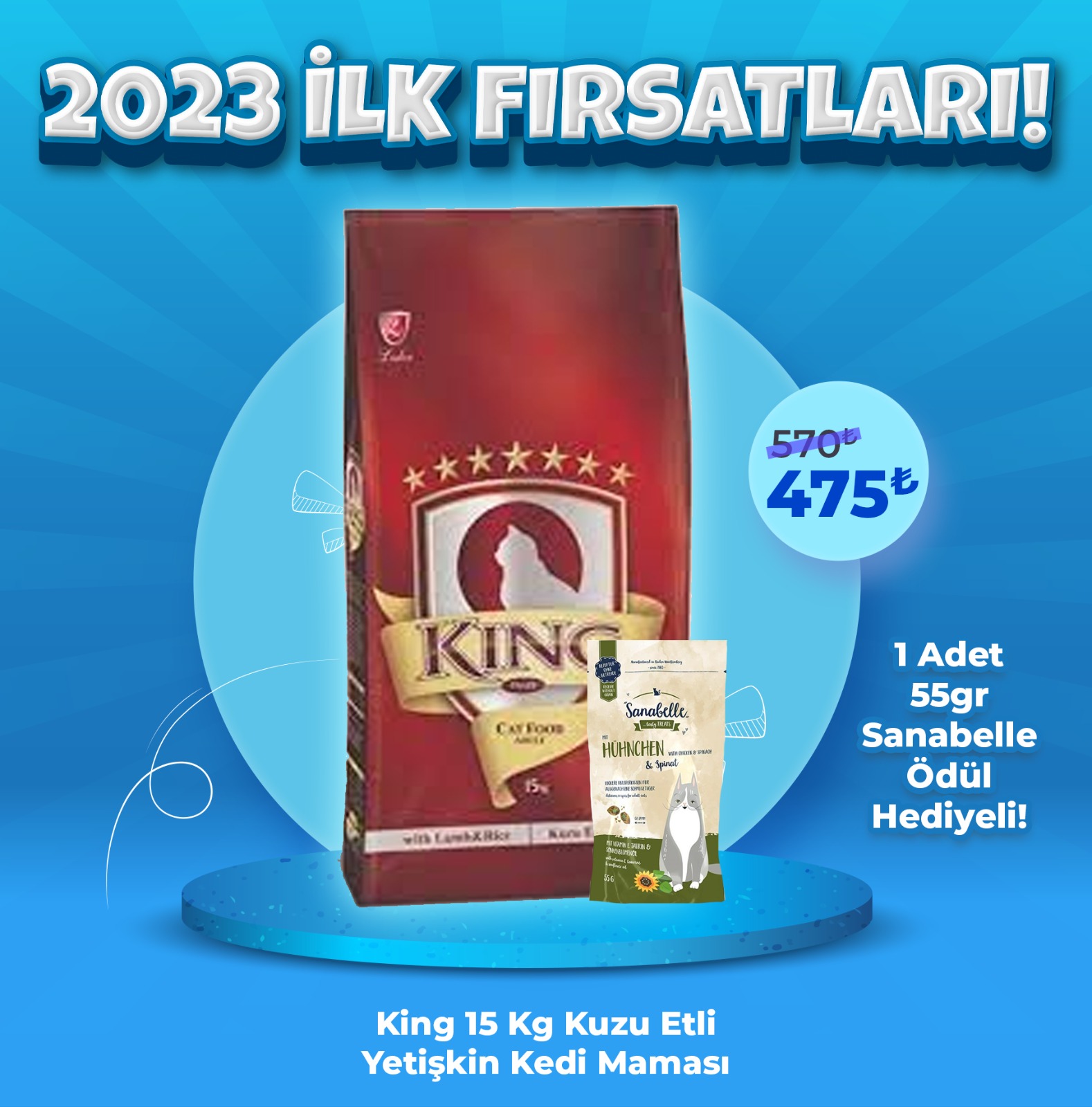 King 15 Kg Kuzu Etli Yetişkin Kedi Maması + Sanabelle Ödül Maması Hediyeli