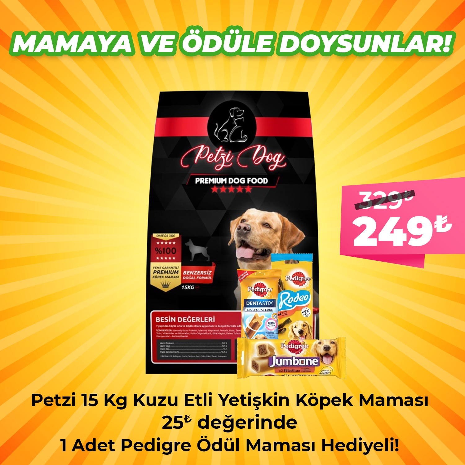 Petzi Dog Kuzu Etli 15 Kg Yetişkin Köpek Maması + Pedigree Ödül Maması Hediye