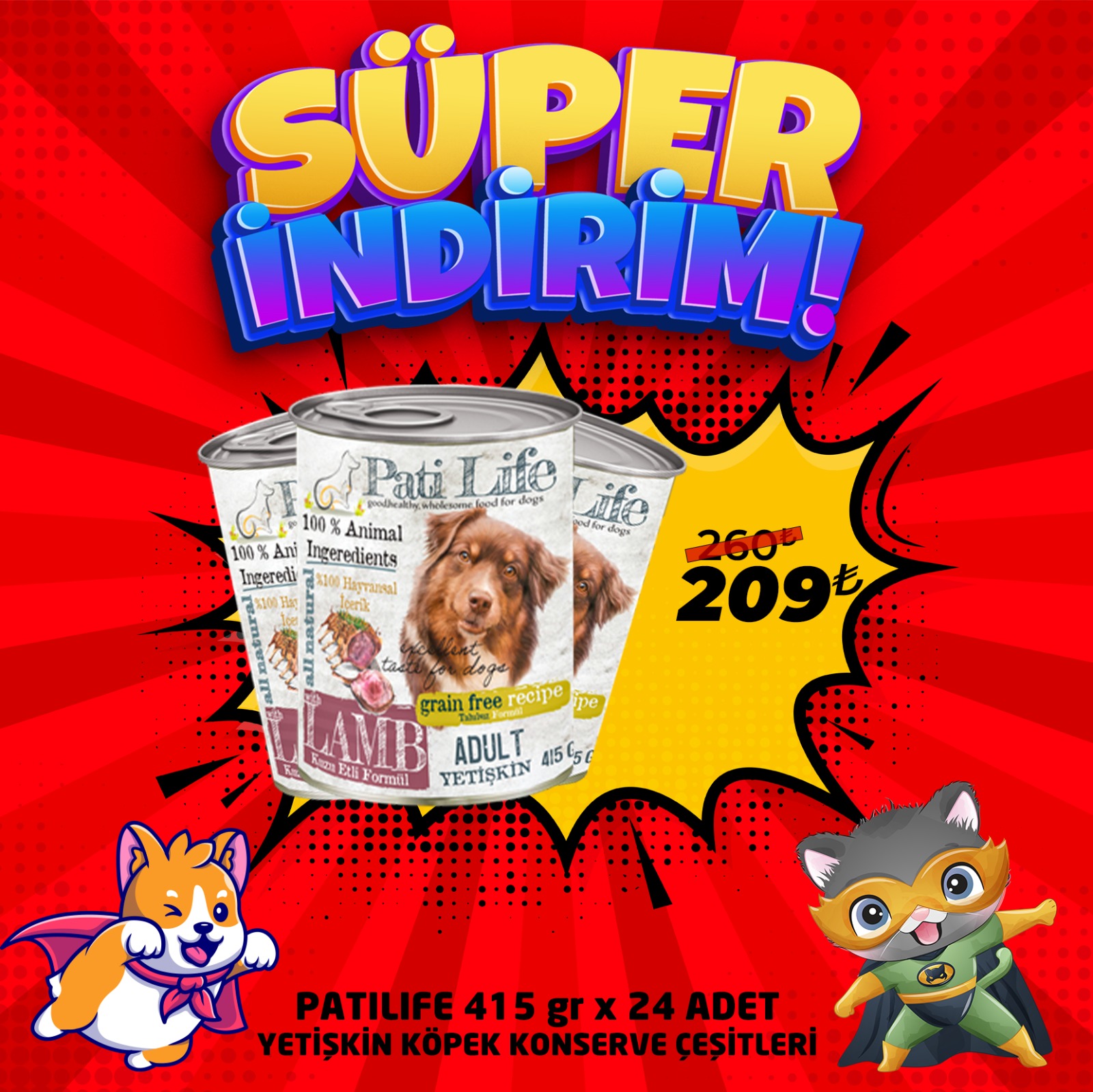 Pati Life Yetişkin Köpek Konservesi Çeşitleri 415 Gr 24 Adet