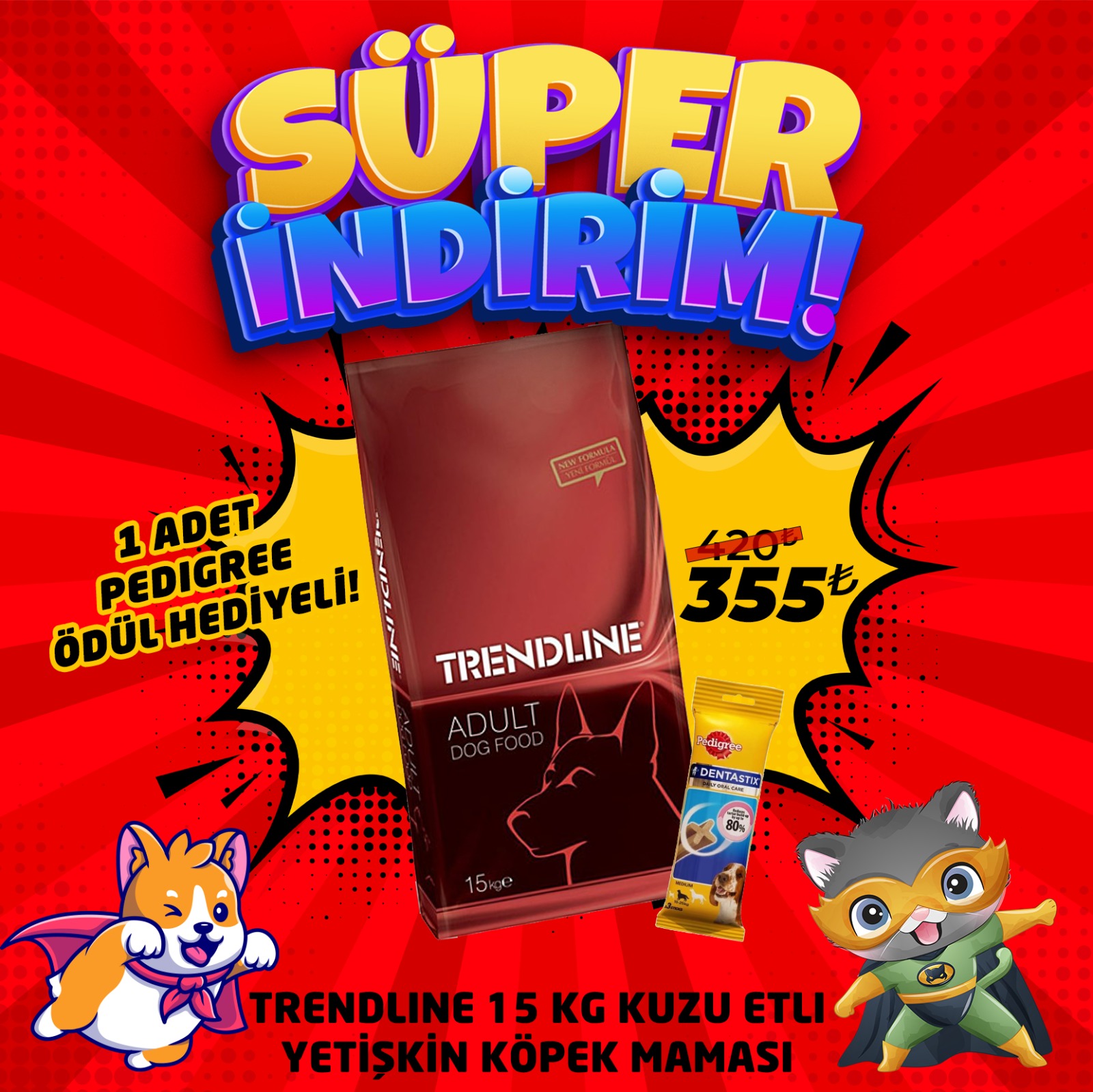 Trendline Kuzu Etli Yetişkin Köpek Maması 15 Kg + 1 Adet Pedigree Ödül Maması Hediye