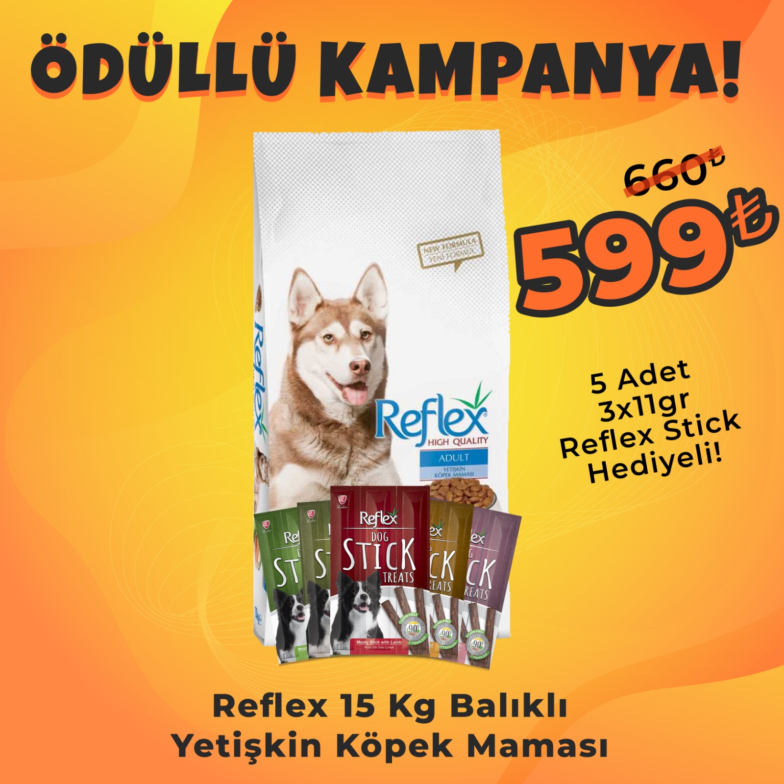 Reflex Somonlu Pirinçli Köpek Maması 15 Kg + 5 Adet Reflex Köpek Stick Ödül Hediyeli 3x11 Gr