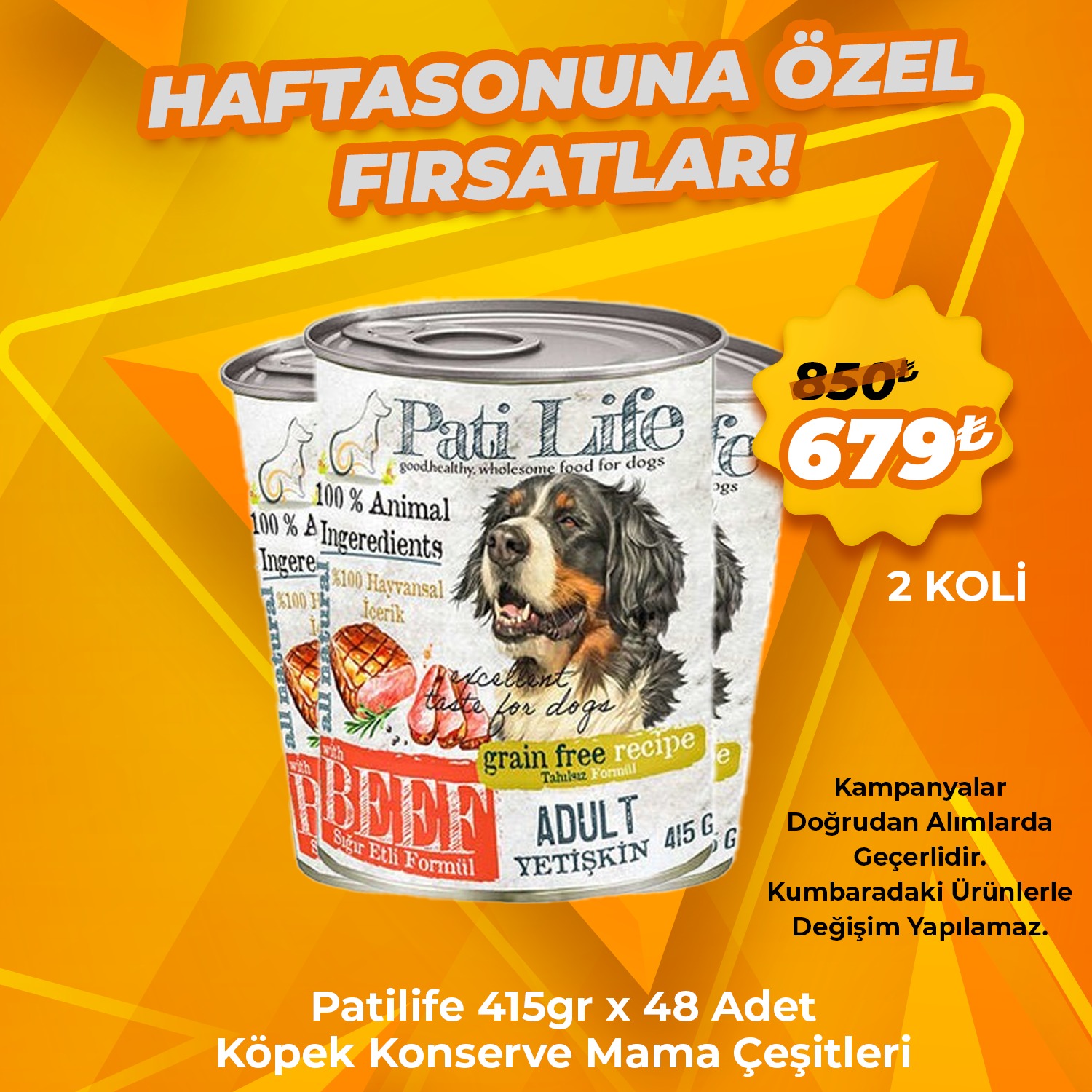 Pati Life Köpek Konserve Çeşitleri 48 Adet x 415 Gr (2 Koli) Avantaj Paketi