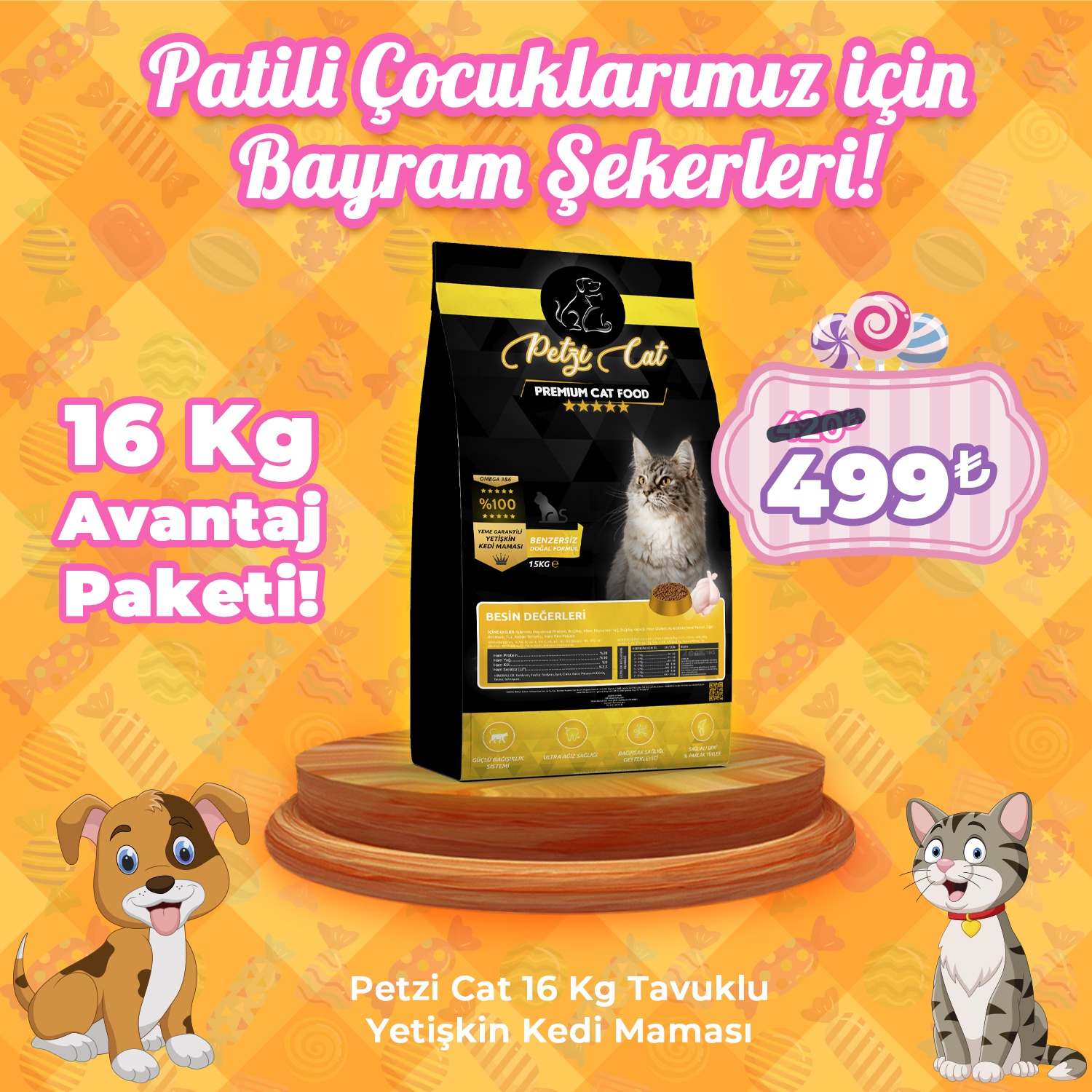 Petzi Cat 16 Kg Tavuklu Yetişkin Kedi Maması (Avantaj Paketi)