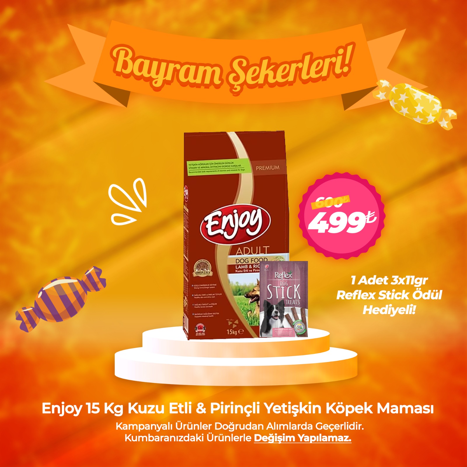 Enjoy 15 Kg Kuzu Etli & Pirinçli Yetişkin Köpek Maması - 1 Adet 3x11gr Reflex Stick Ödül Hediyeli!