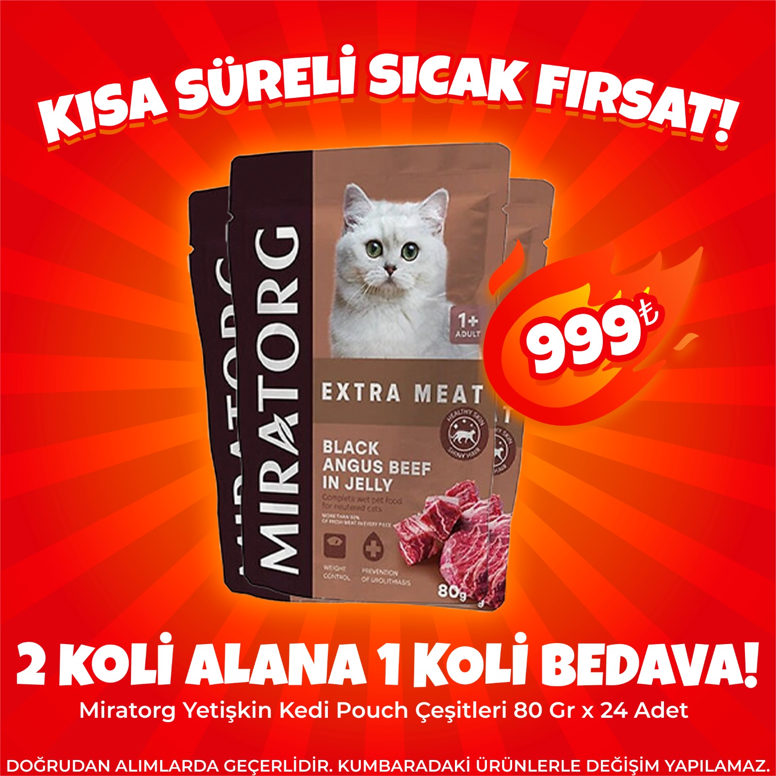 Miratorg Yetişkin Kedi Pouch Çeşitleri 80 Gr x 24 Adet x 2 koli +1 koli (Avantaj Paketi)