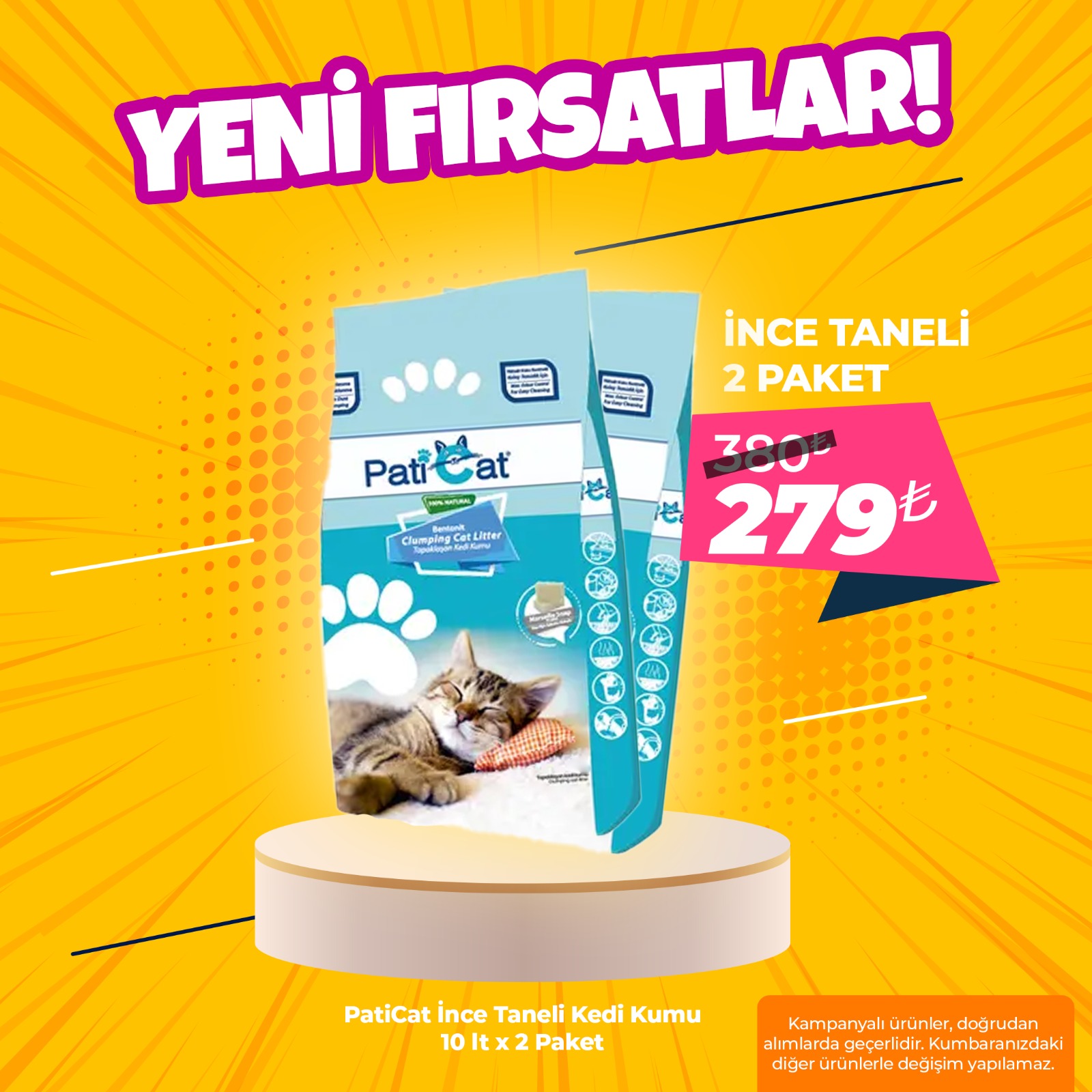 PatiCat 10Lt x 2 Paket İnce Taneli Topaklanan Kedi Kumu