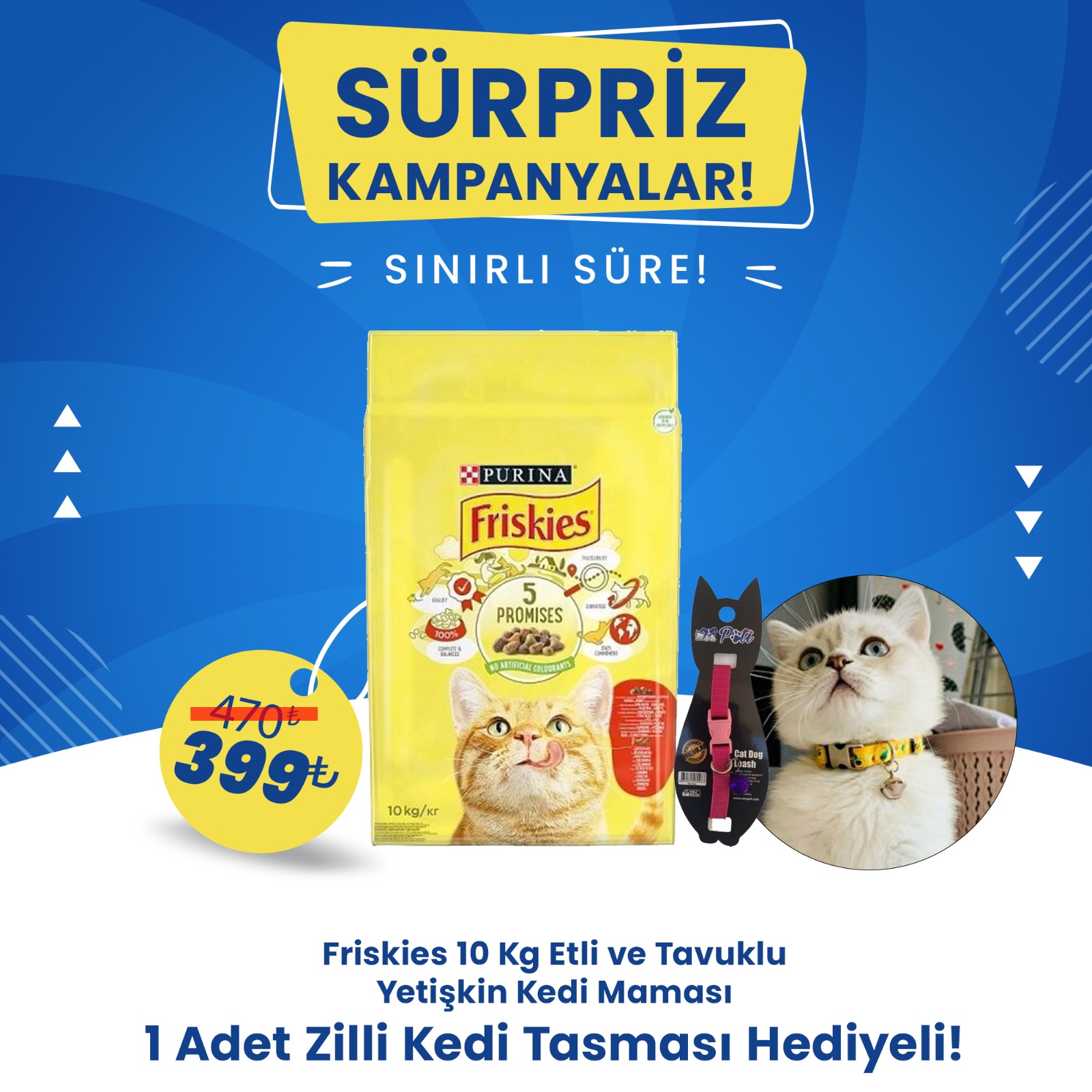 Friskies Etli Tavuklu ve Sebzeli Yetişkin Kedi Maması 10 kg + 1 Adet Zilli Kedi Tasması Hediyeli