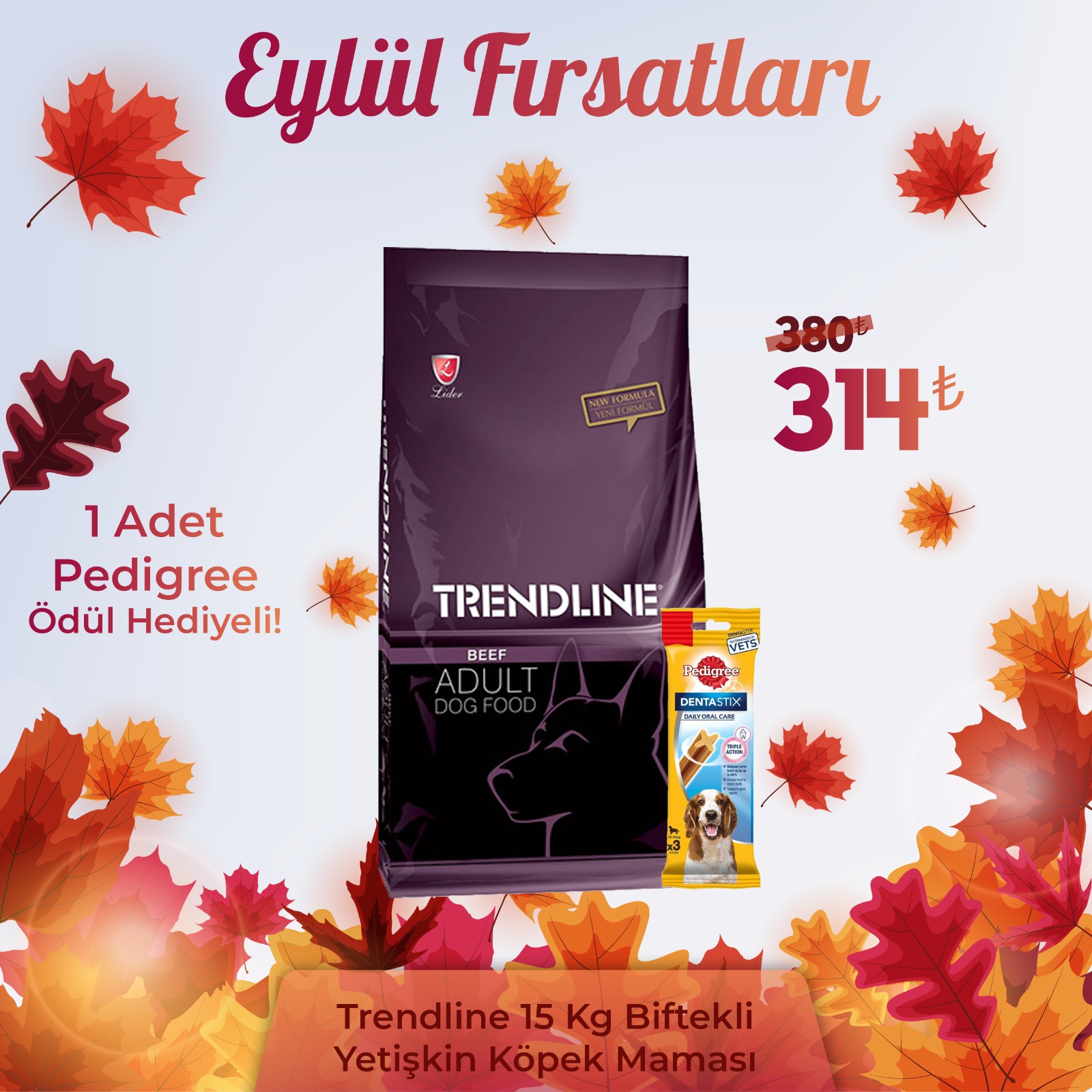 Trendline Biftekli Yetişkin Köpek Maması 15 Kg + 1 Adet Pedigree Ödül Maması Hediyeli