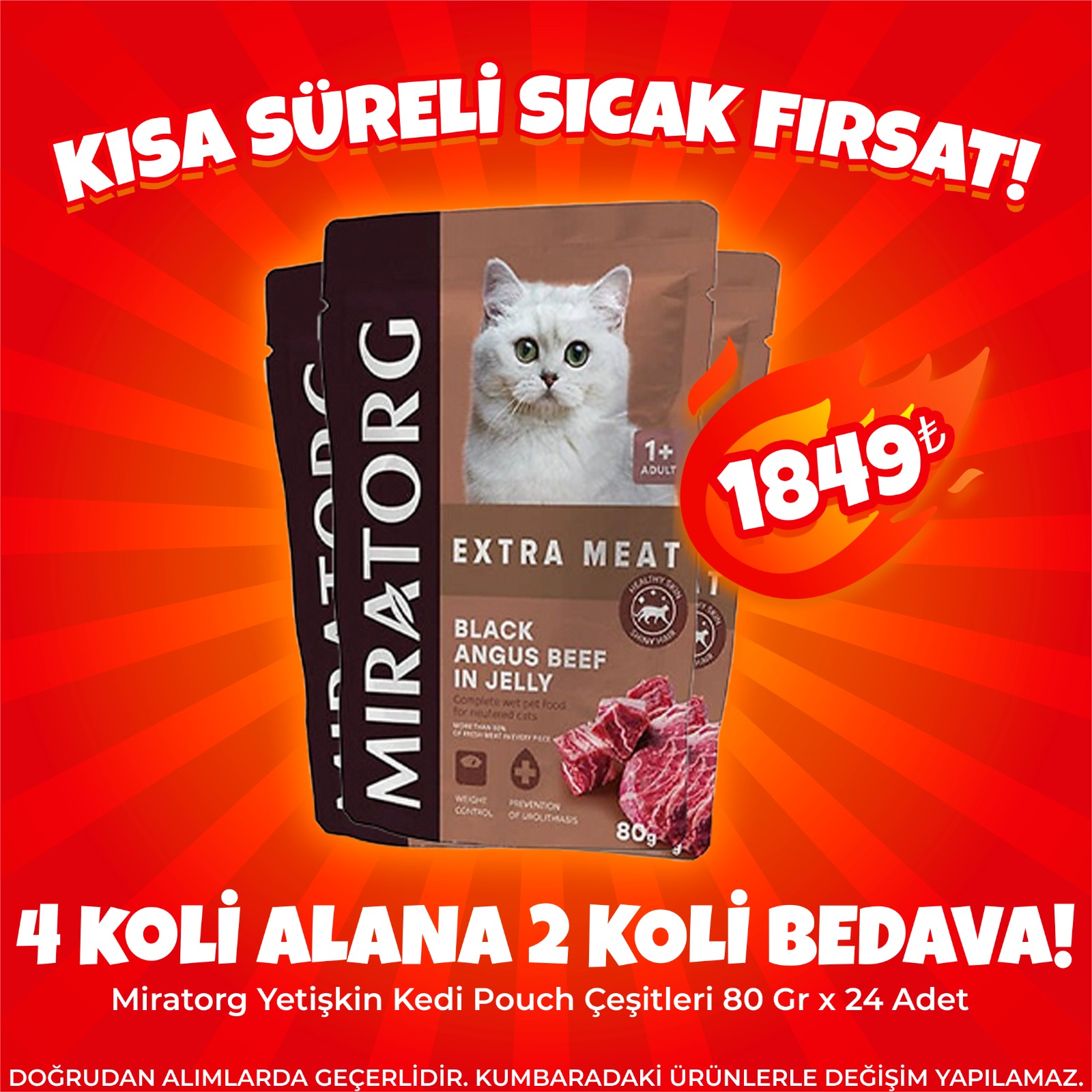 Miratorg Yetişkin Kedi Pouch Çeşitleri 80 Gr x 24 Adet x 4 koli + 2 koli (Avantaj Paketi)