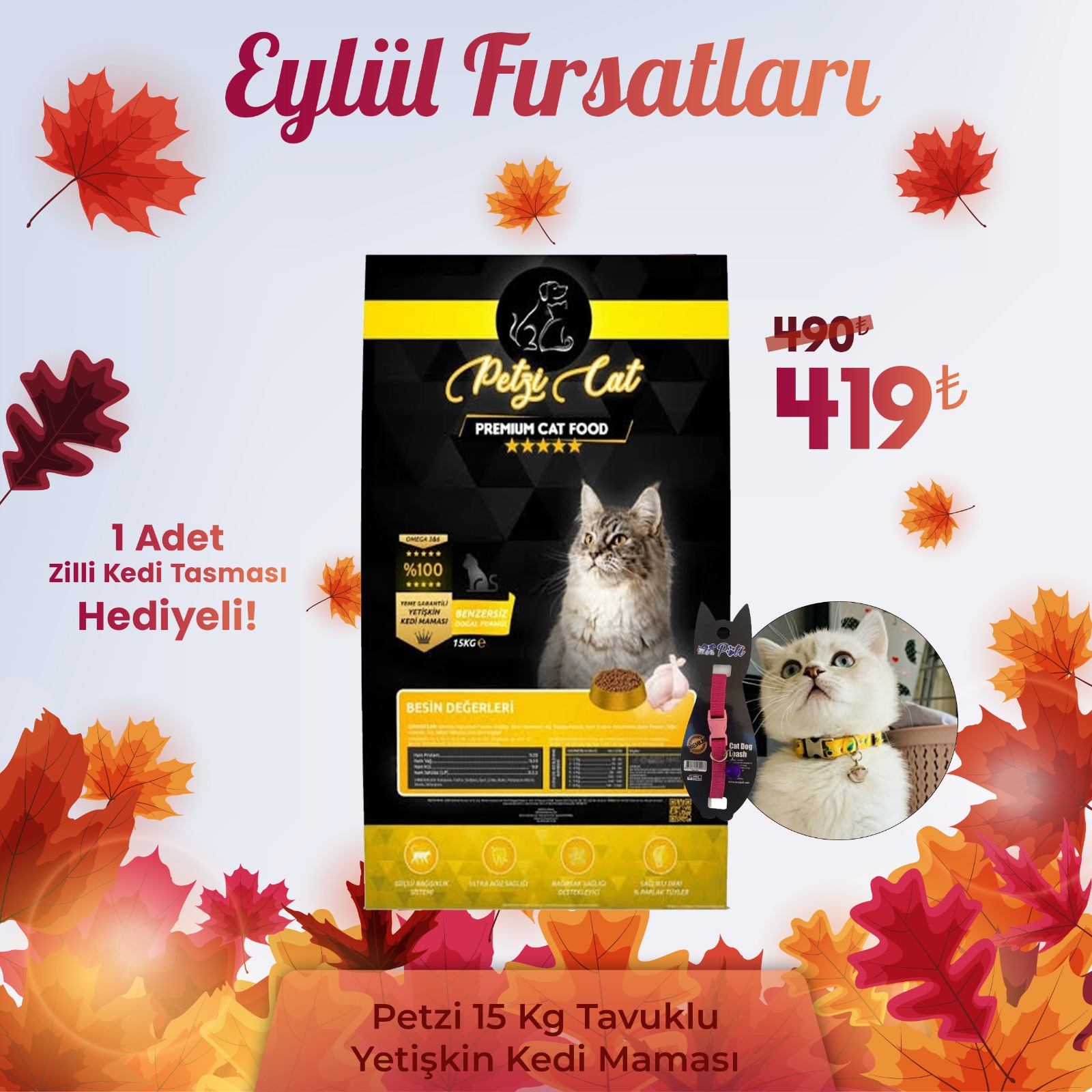 Petzi Cat Premium Tavuklu 15 Kg Yetişkin Kedi Maması + 1 Adet Zilli Kedi Tasması Hediyeli