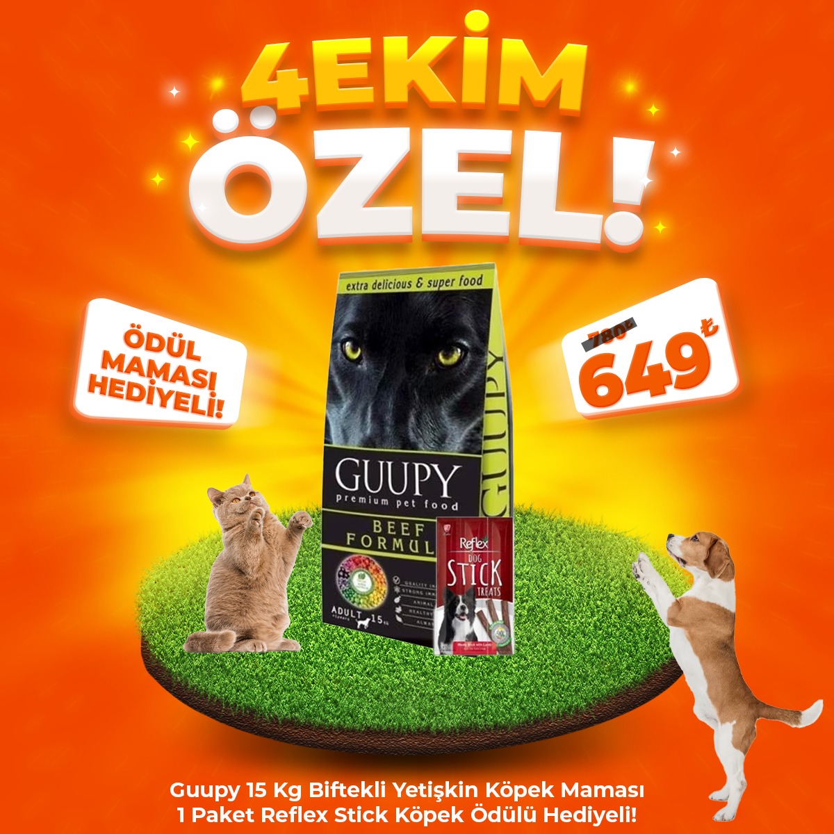 Guupy Biftekli Yetişkin Köpek Maması 15 Kg + 1 Adet Reflex Köpek Stick Hediye