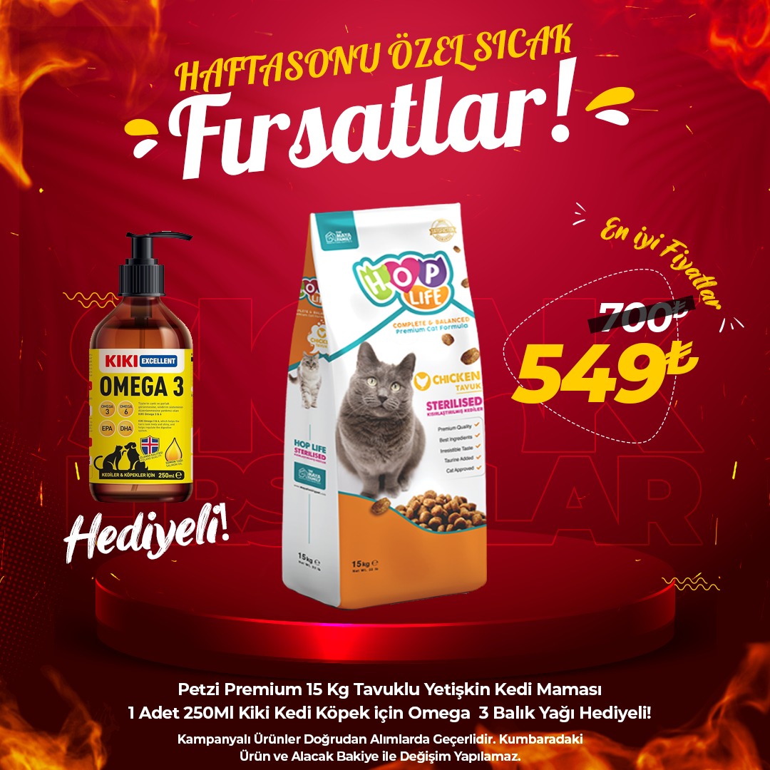 Hop Life Tavuklu Kısırlaştırılmış Kedi Maması 15 Kg + 1 Adet KIKI Excellent Kedi & Köpek Omega 3 250 ml Hediye