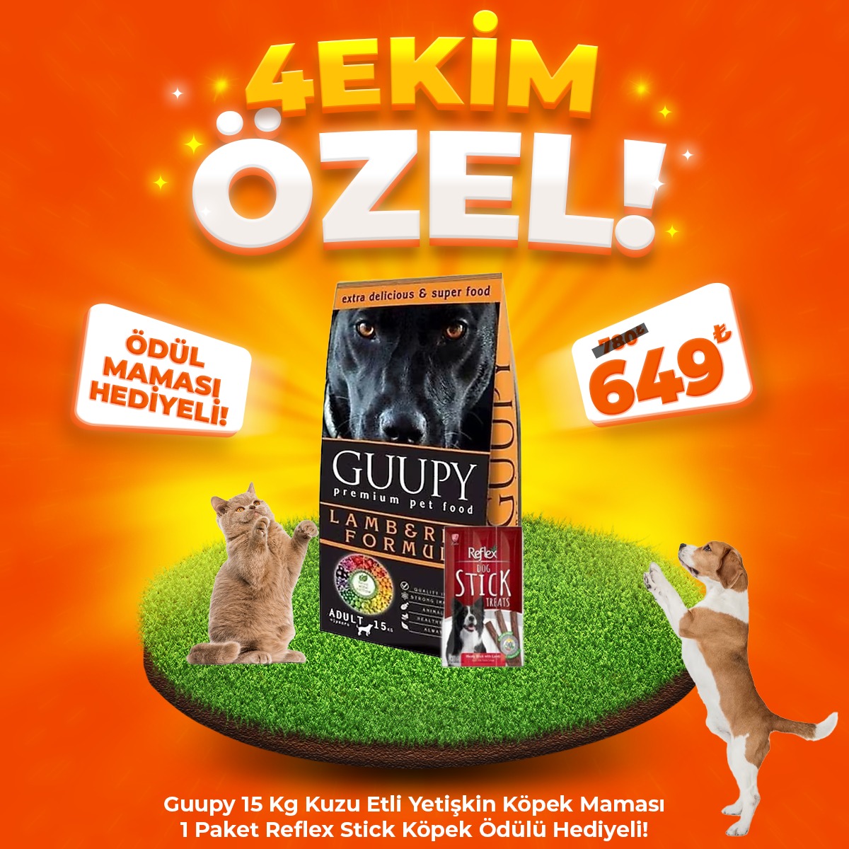 Guupy Kuzu Etli Yetişkin Köpek Maması 15 Kg + 1 Adet Reflex Köpek Stick Hediye